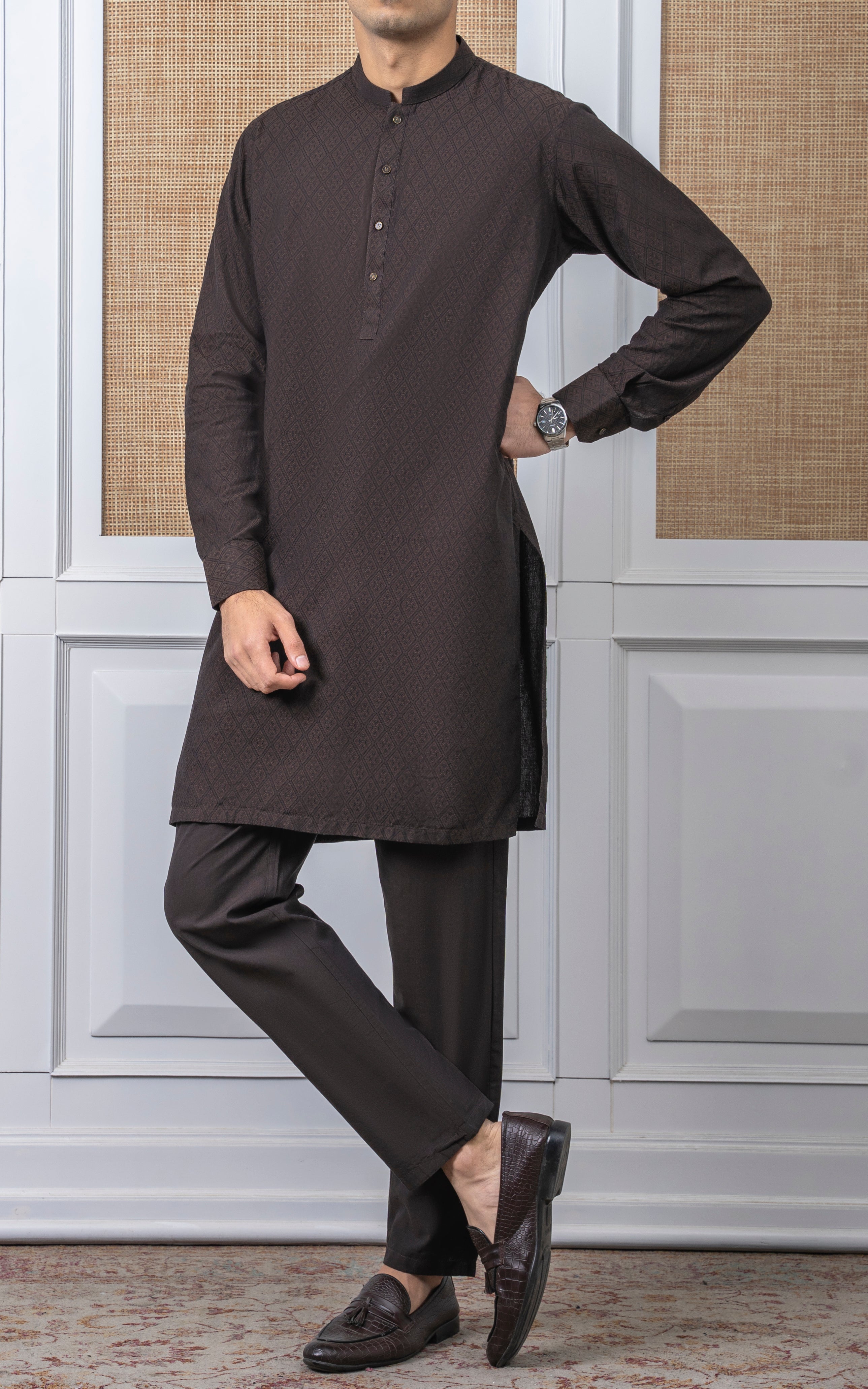 YARN DYED JACQUARD KURTA PAJAMA - SIGNATURE COLLECTION DARK BROWN