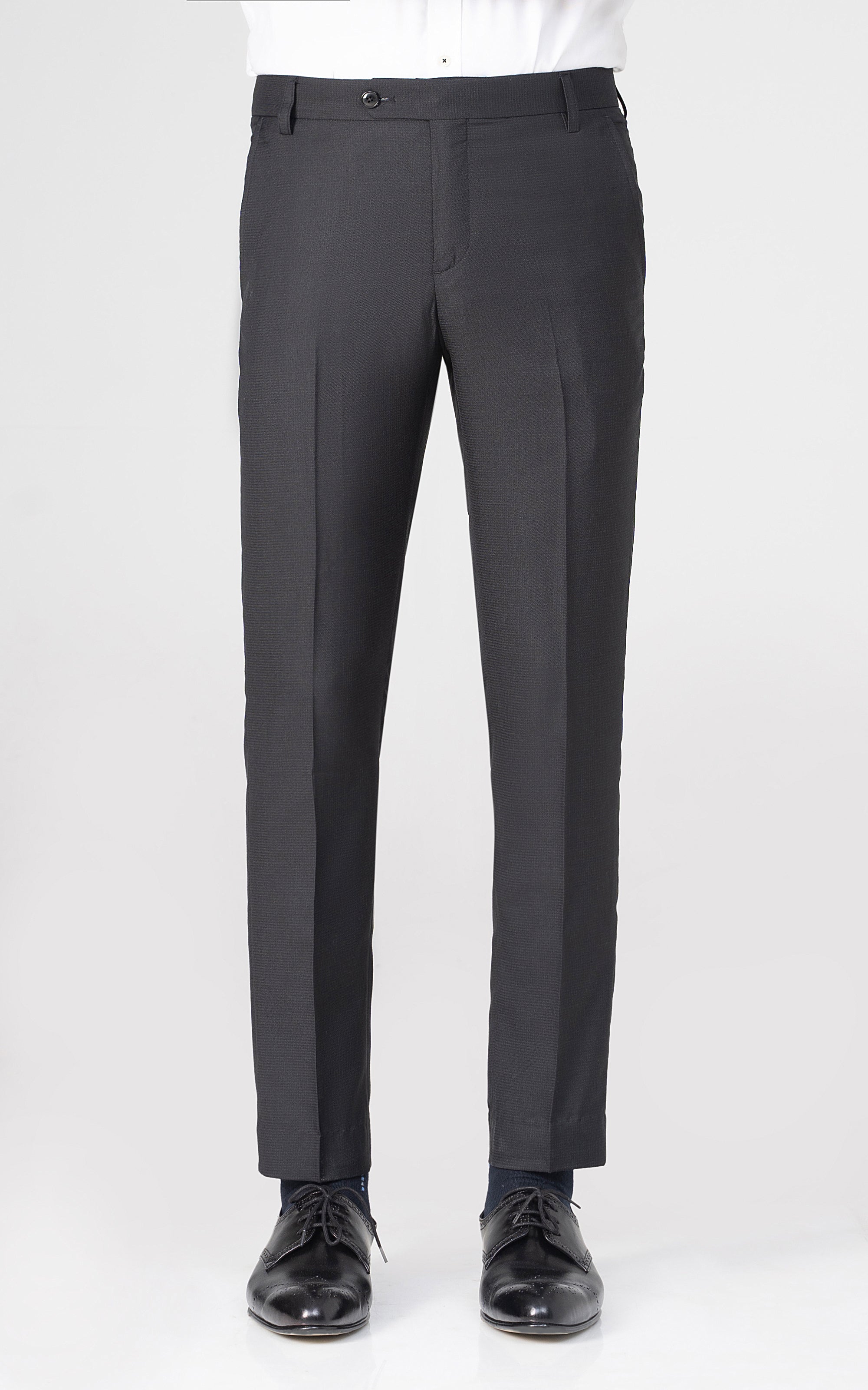 Black dress pants with straight leg and front crease, ankle-length hem