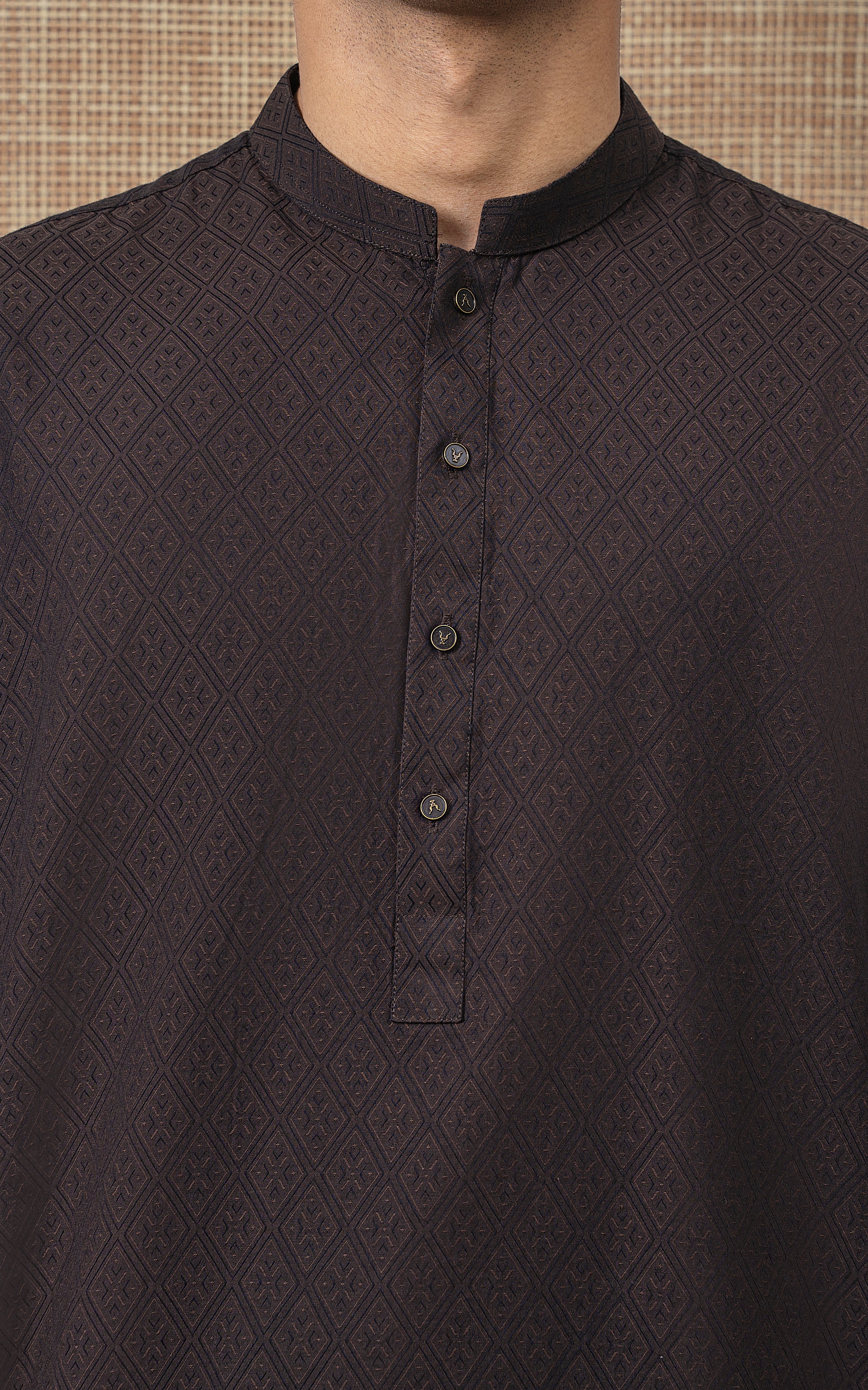 YARN DYED JACQUARD KURTA PAJAMA - SIGNATURE COLLECTION DARK BROWN
