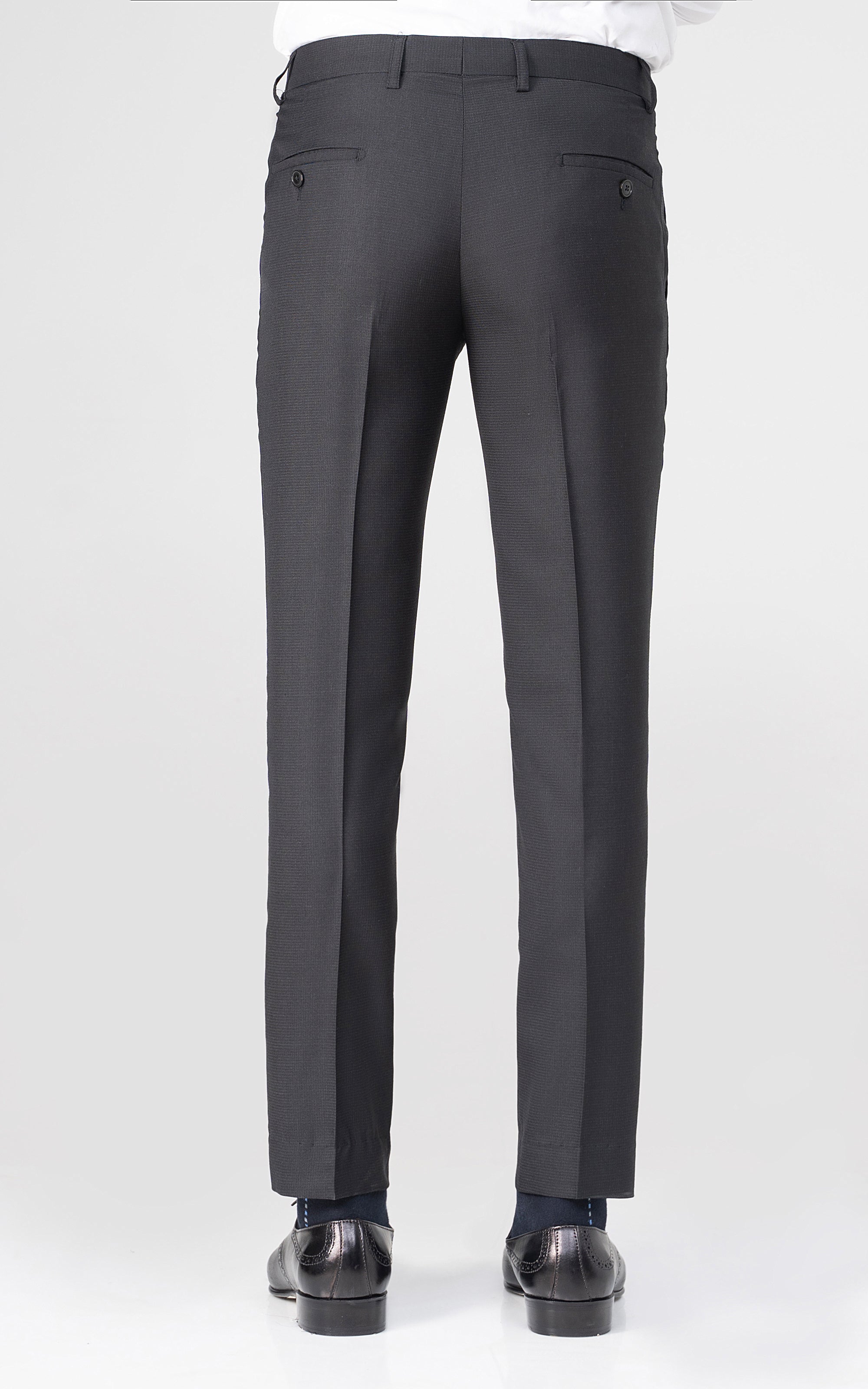 Black dress pants back view with welt pockets and straight tailored legs