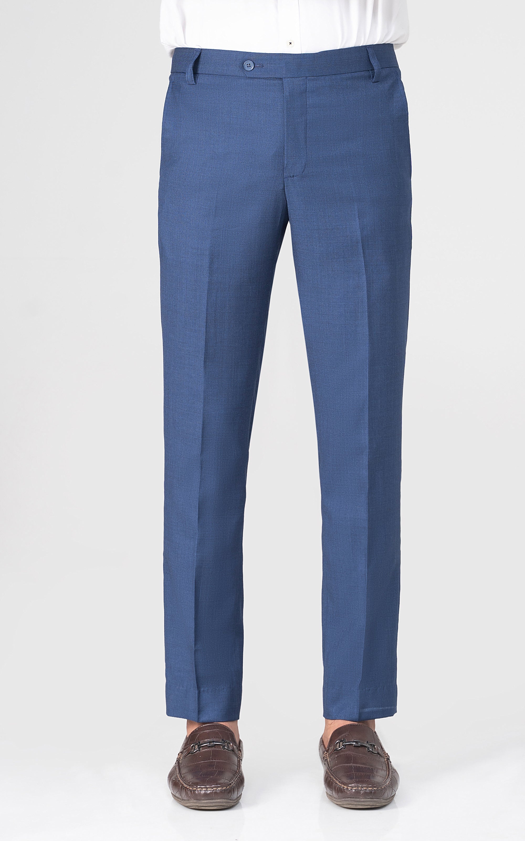 Blue dress pants, front view, button waist and straight tapered legs
