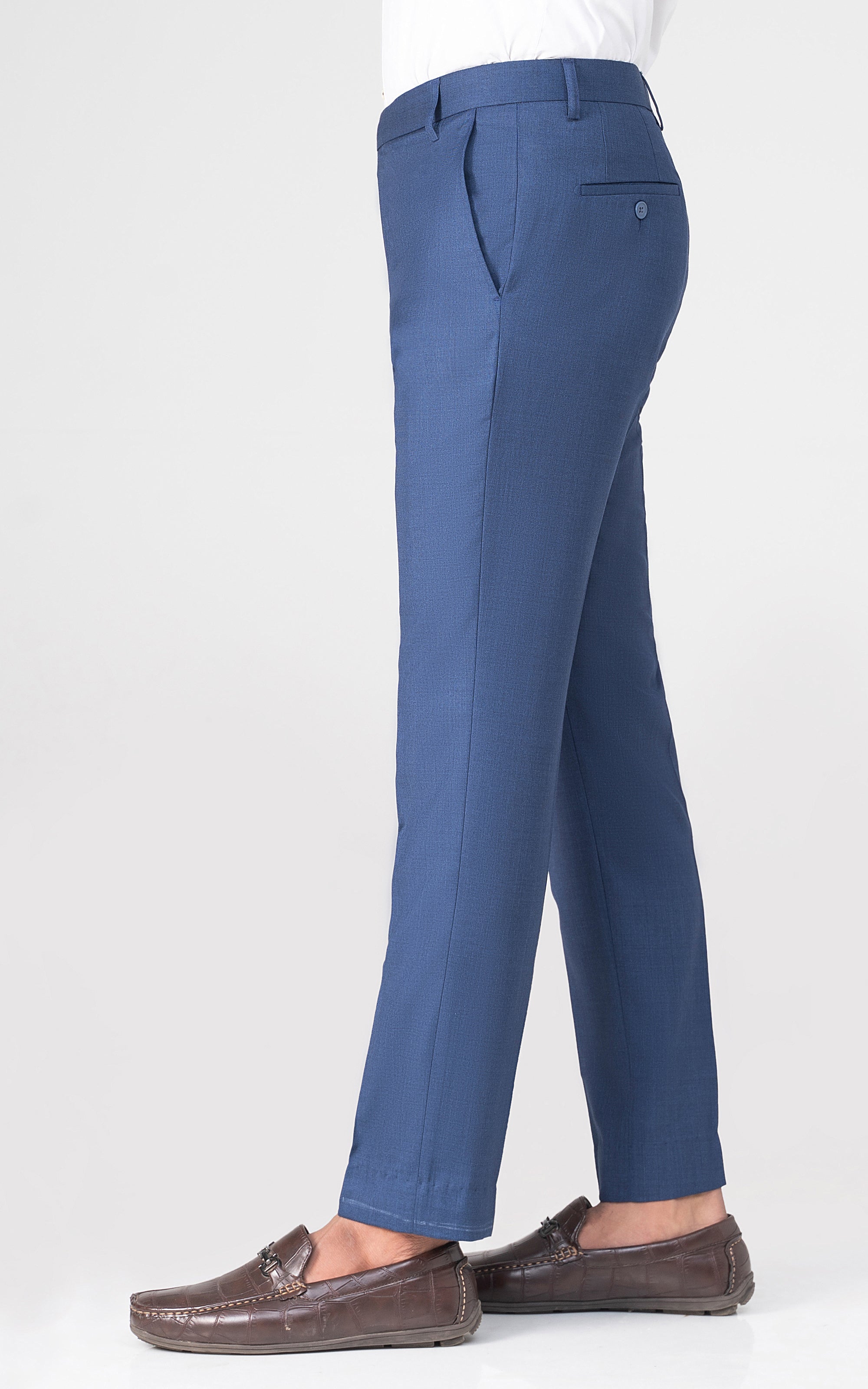 Blue dress pants with belt loops, pleat-front, and straight-leg fit