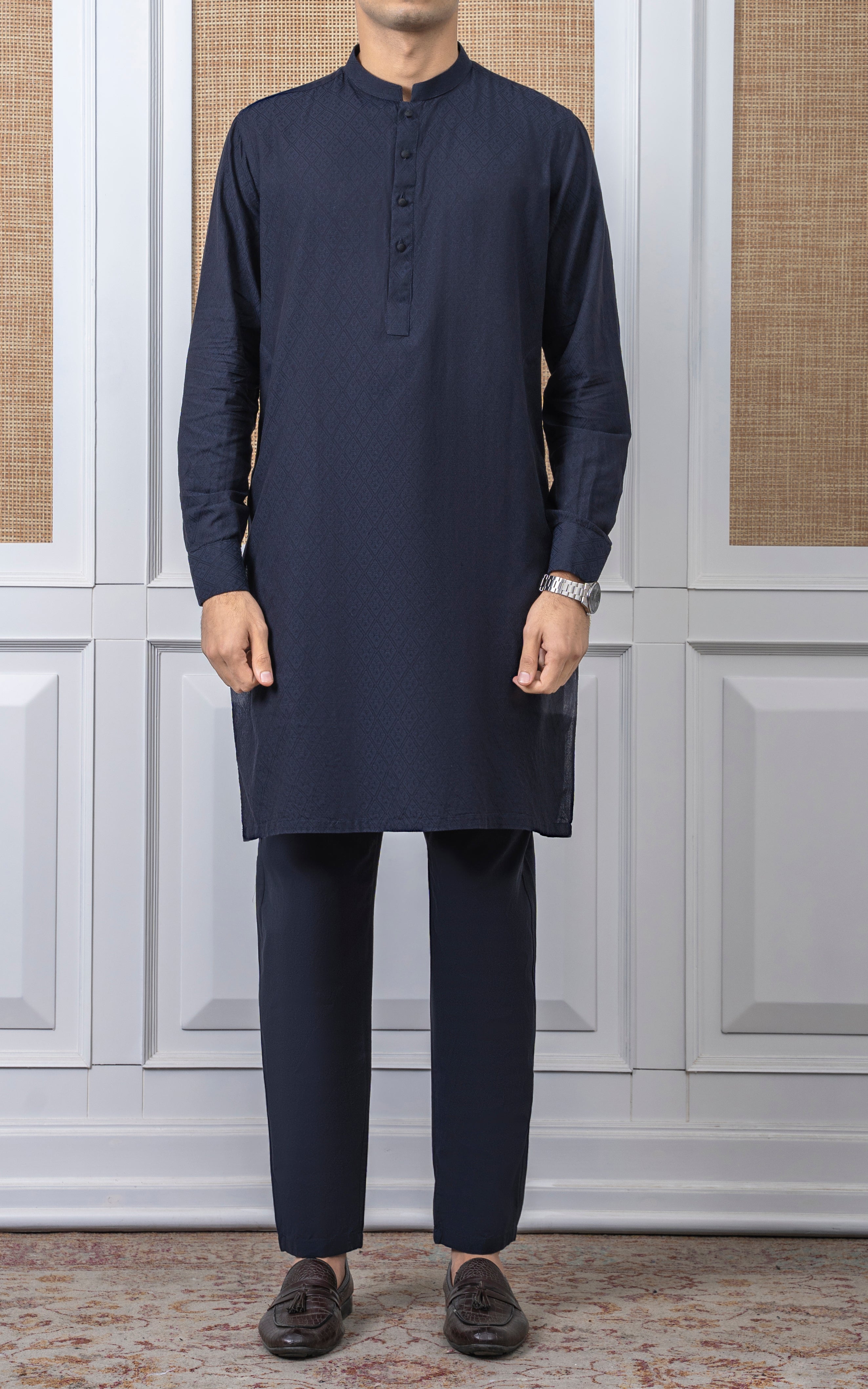 YARN DYED JACQUARD KURTA PAJAMA - SIGNATURE COLLECTION NAVY