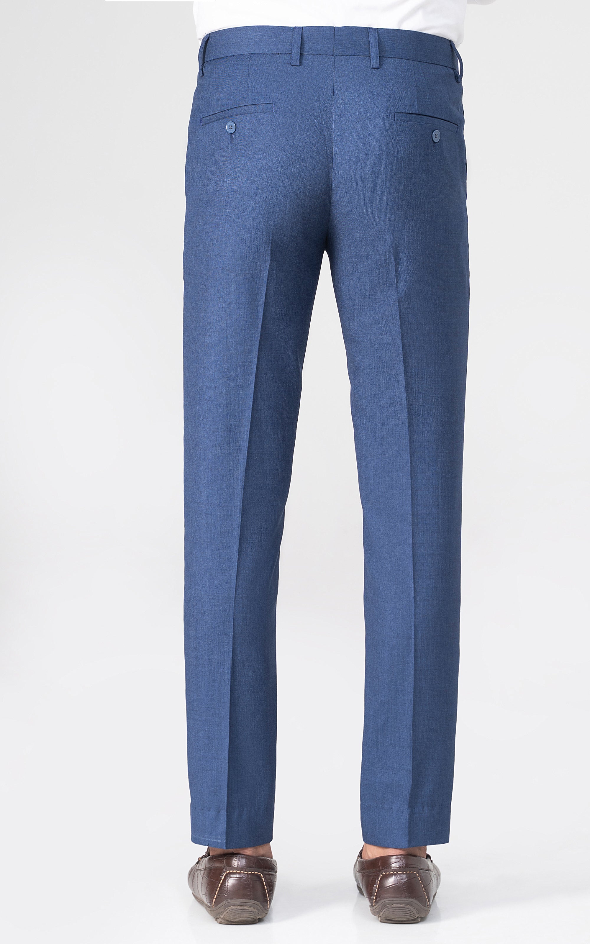 Blue dress pants, back view, belt loops and center crease