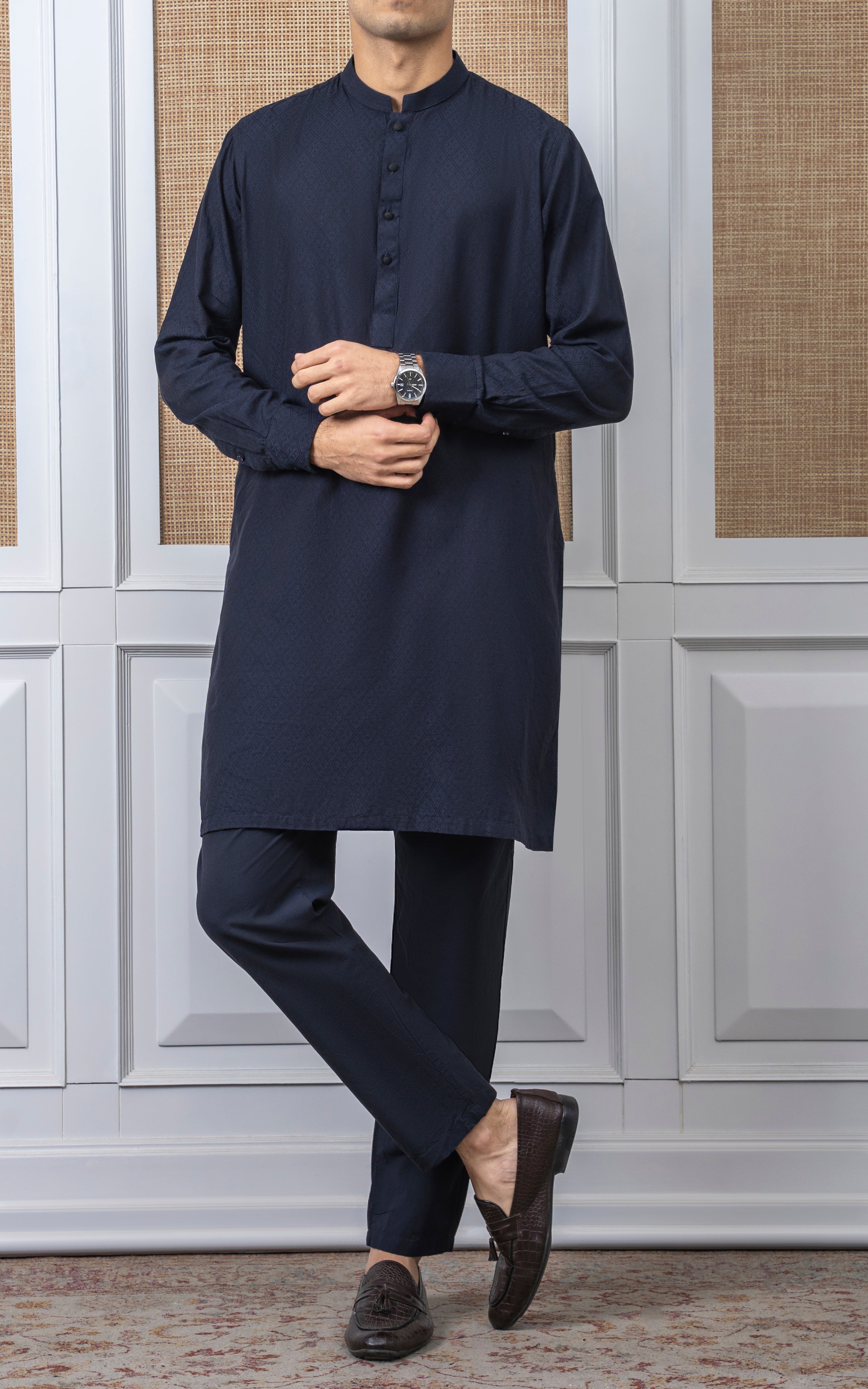 YARN DYED JACQUARD KURTA PAJAMA - SIGNATURE COLLECTION NAVY