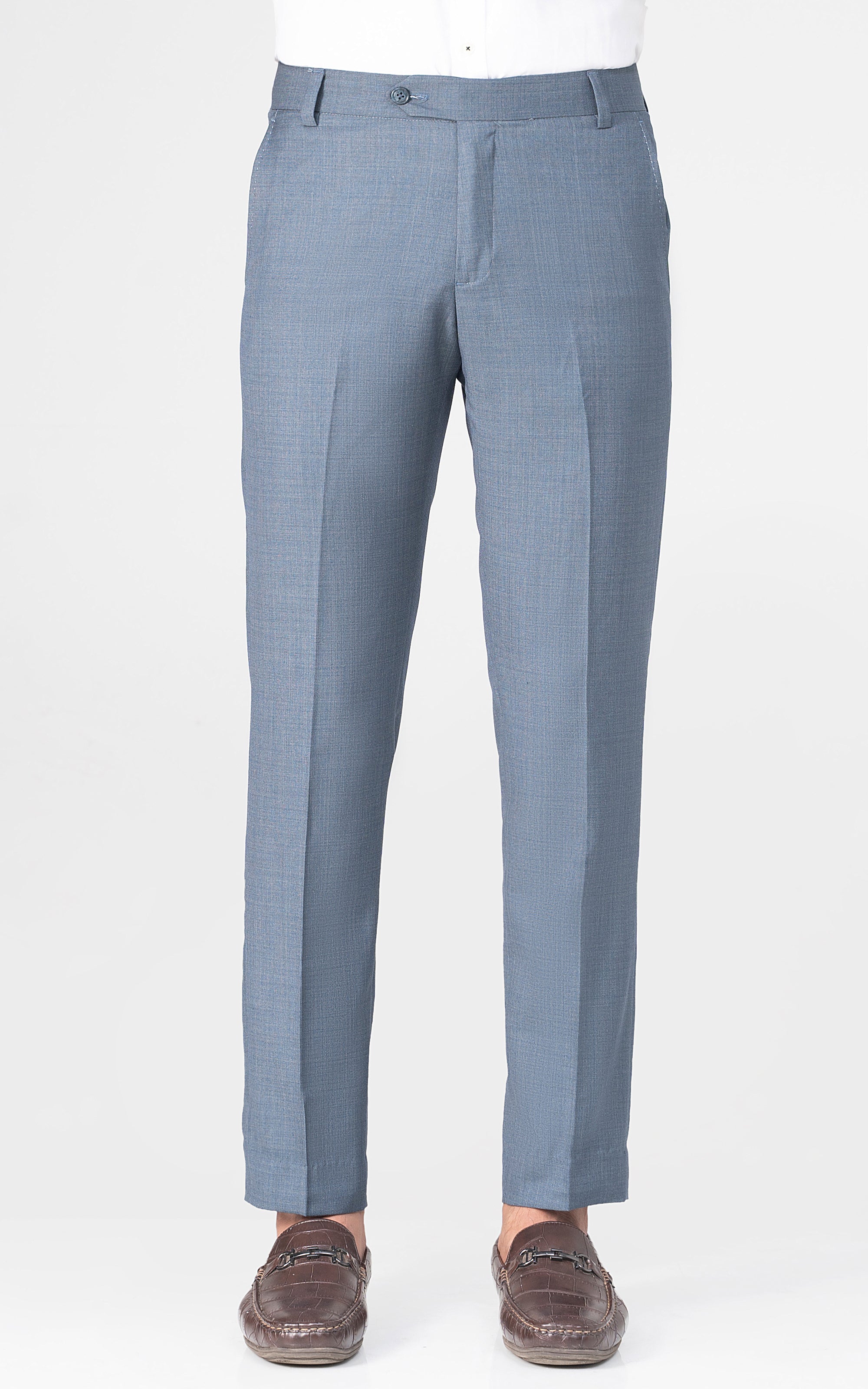 Blue-grey dress pants with flat front, belt loops, and straight legs