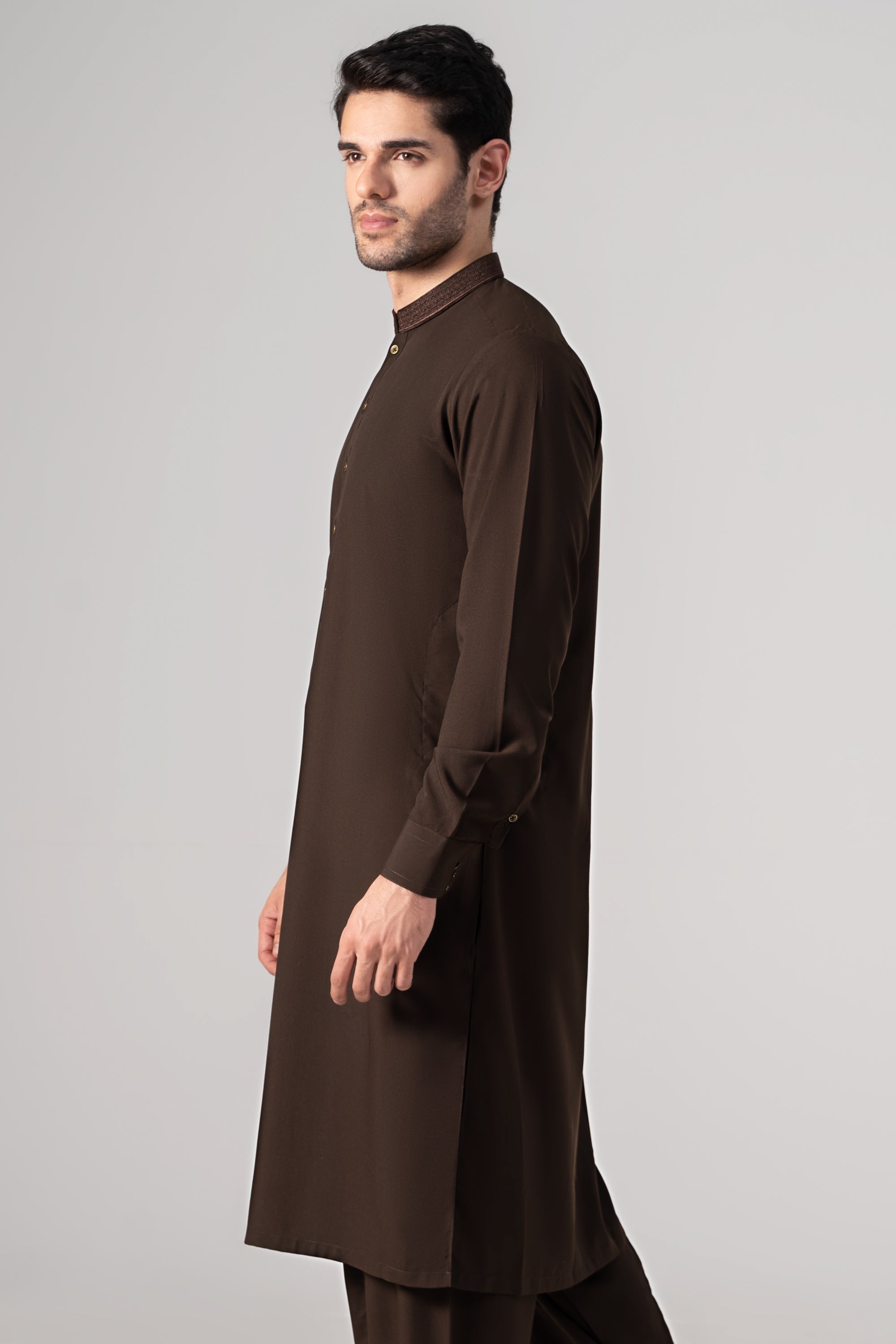 EMBROIDERED - Wash & Wear KAMEEZ SHALWAR DARK BROWN