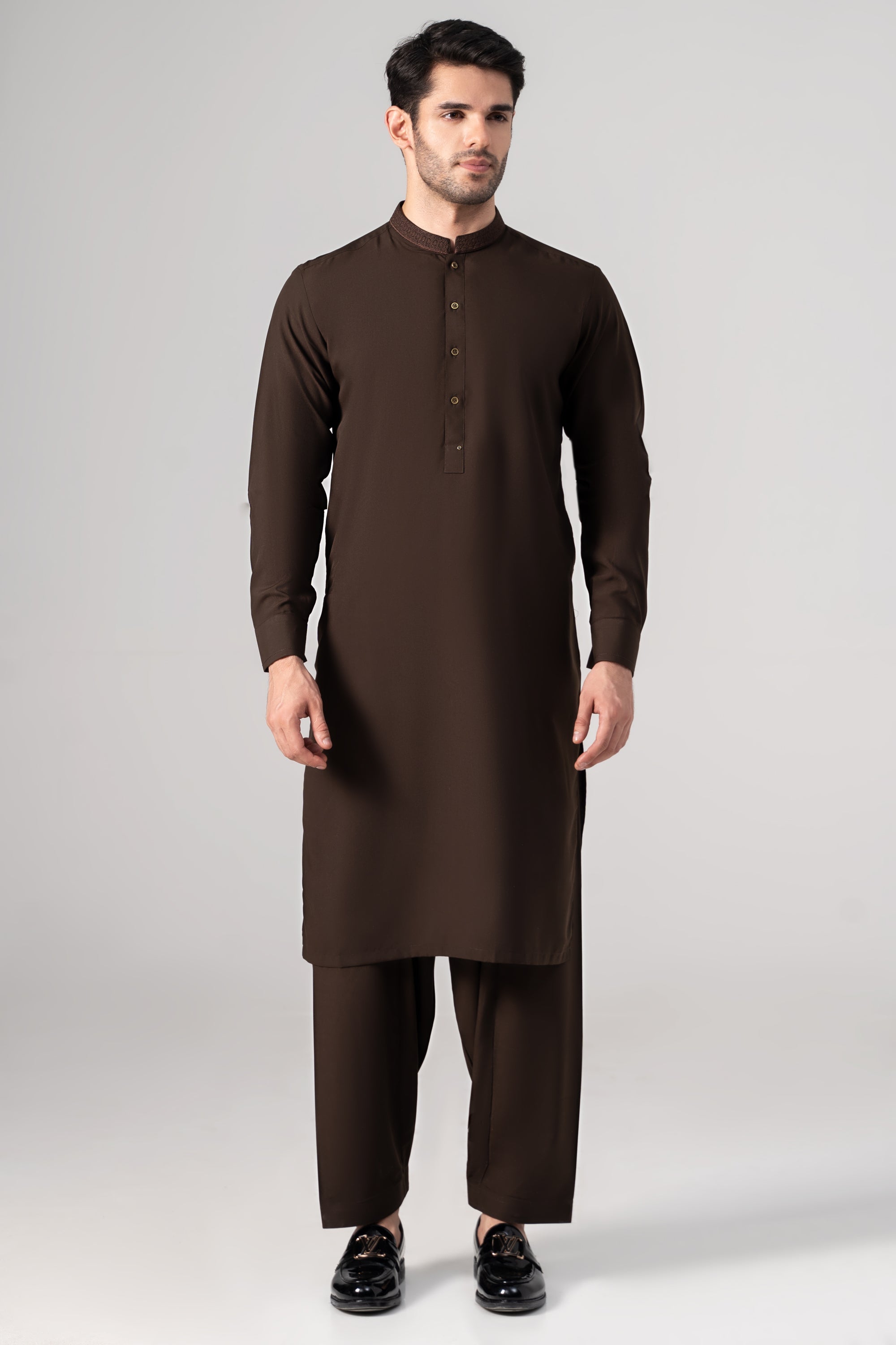 EMBROIDERED - Wash & Wear KAMEEZ SHALWAR DARK BROWN