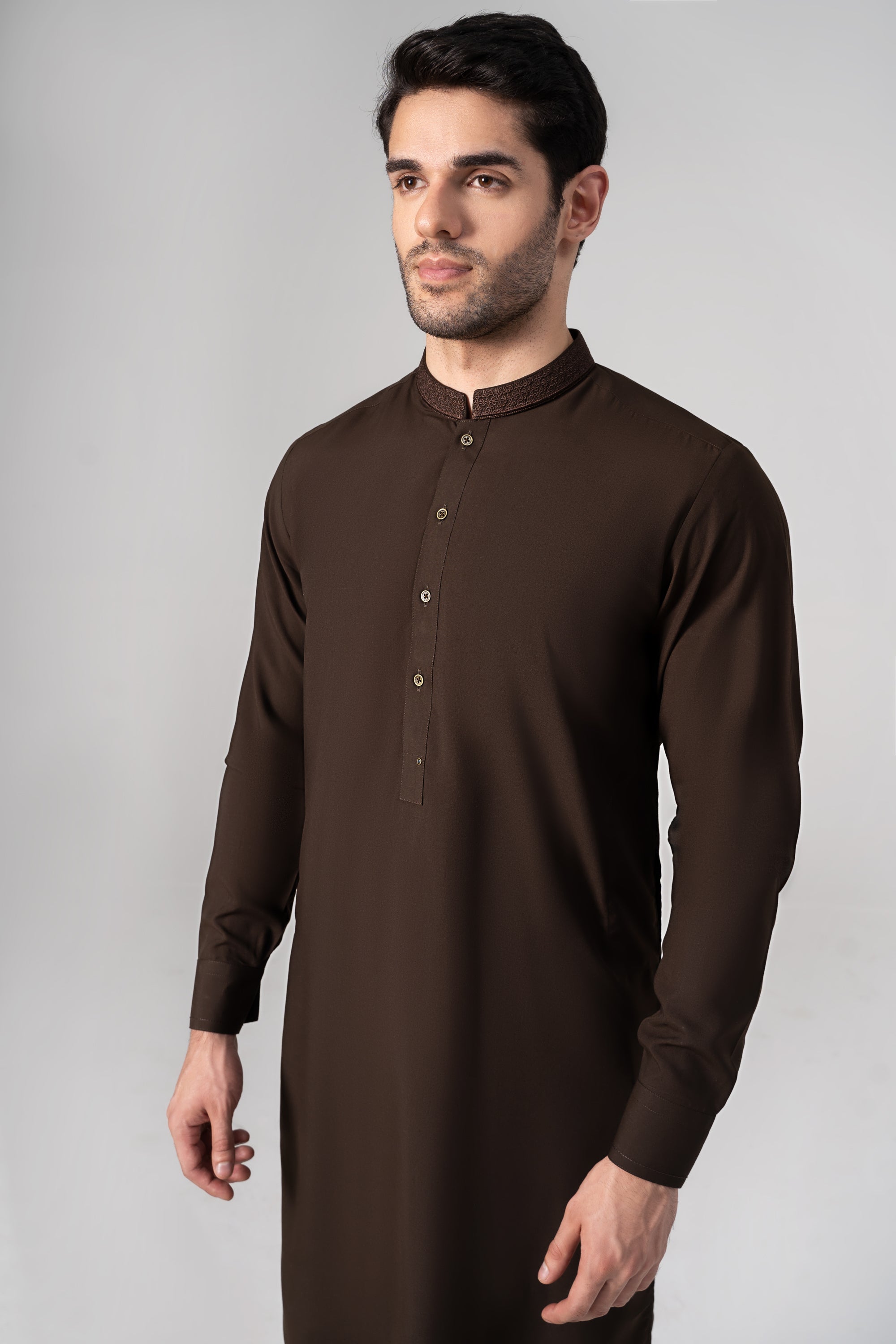 EMBROIDERED - Wash & Wear KAMEEZ SHALWAR DARK BROWN