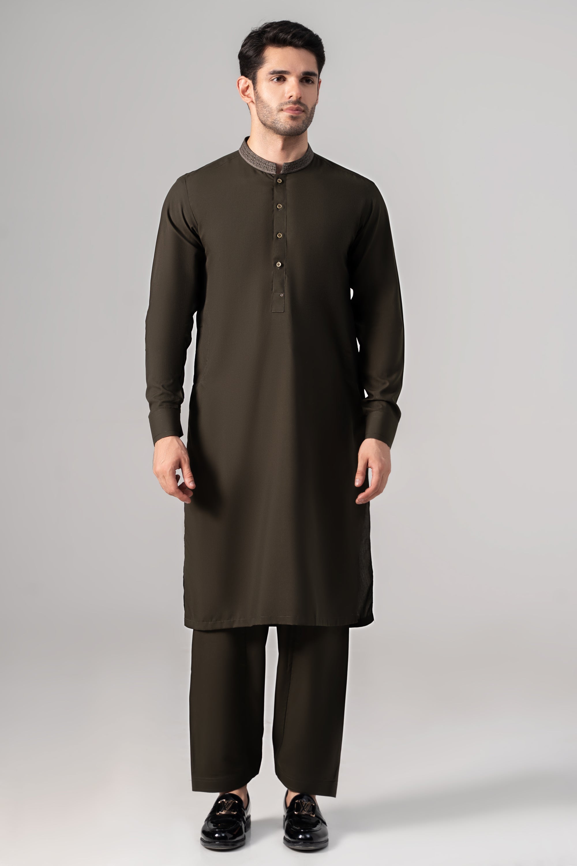 EMBROIDERED - Wash & Wear KAMEEZ SHALWAR DARK OLIVE