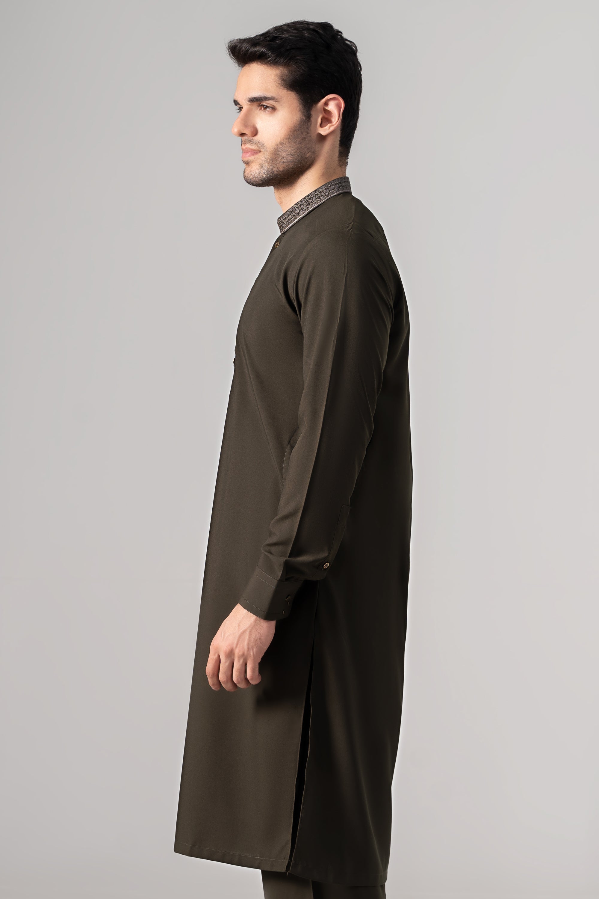 EMBROIDERED - Wash & Wear KAMEEZ SHALWAR DARK OLIVE