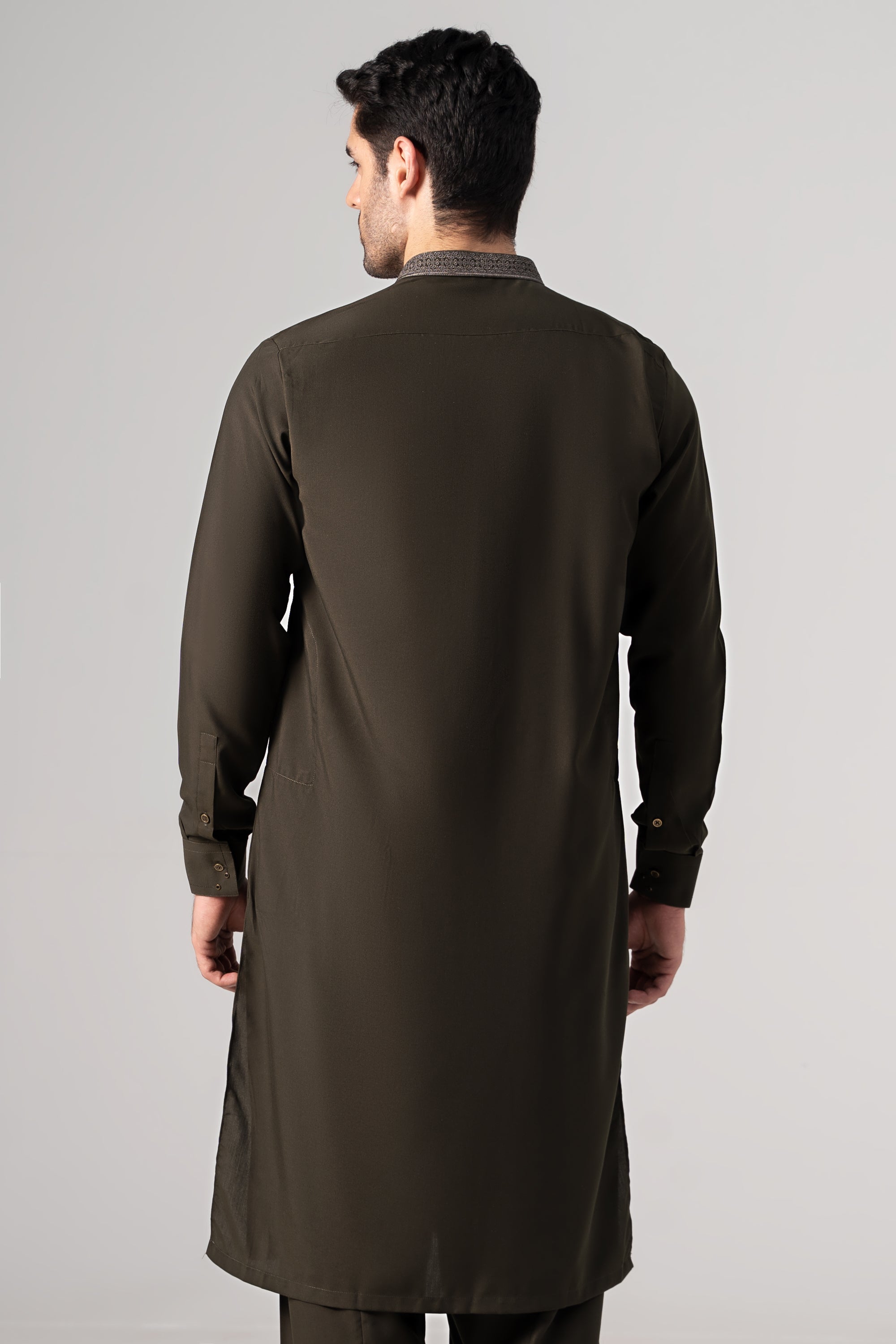 EMBROIDERED - Wash & Wear KAMEEZ SHALWAR DARK OLIVE