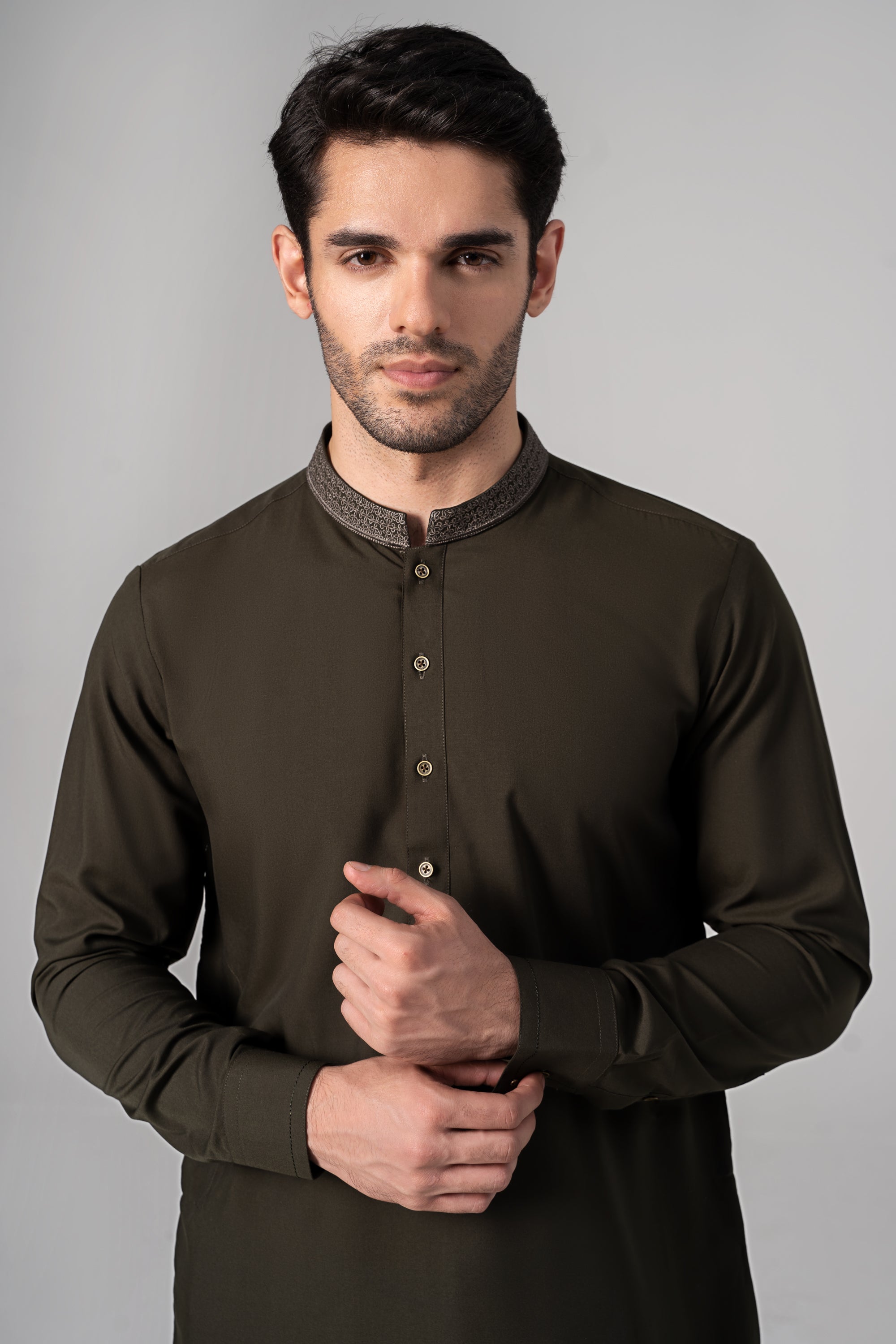 EMBROIDERED - Wash & Wear KAMEEZ SHALWAR DARK OLIVE