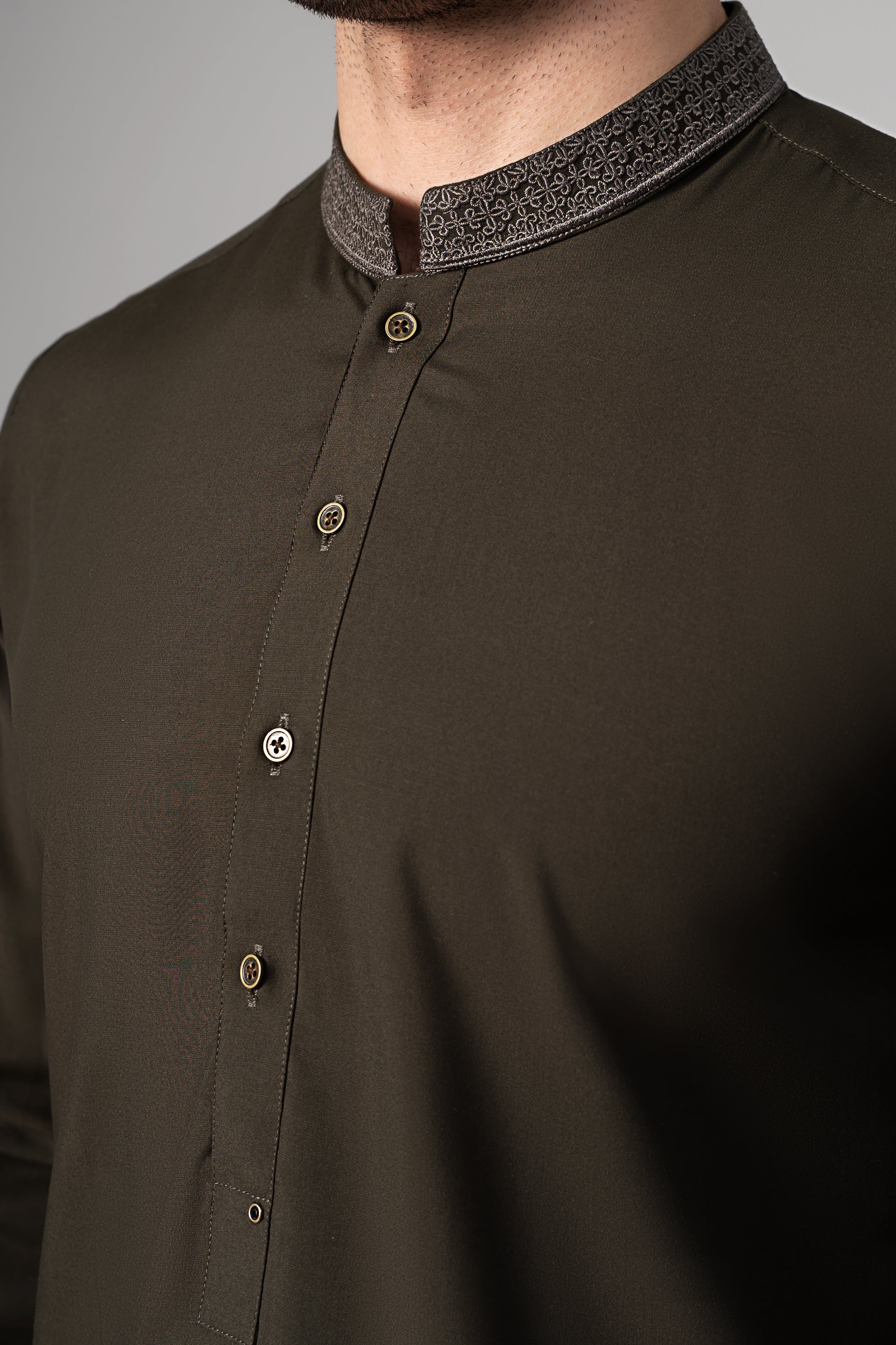 EMBROIDERED - Wash & Wear KAMEEZ SHALWAR DARK OLIVE