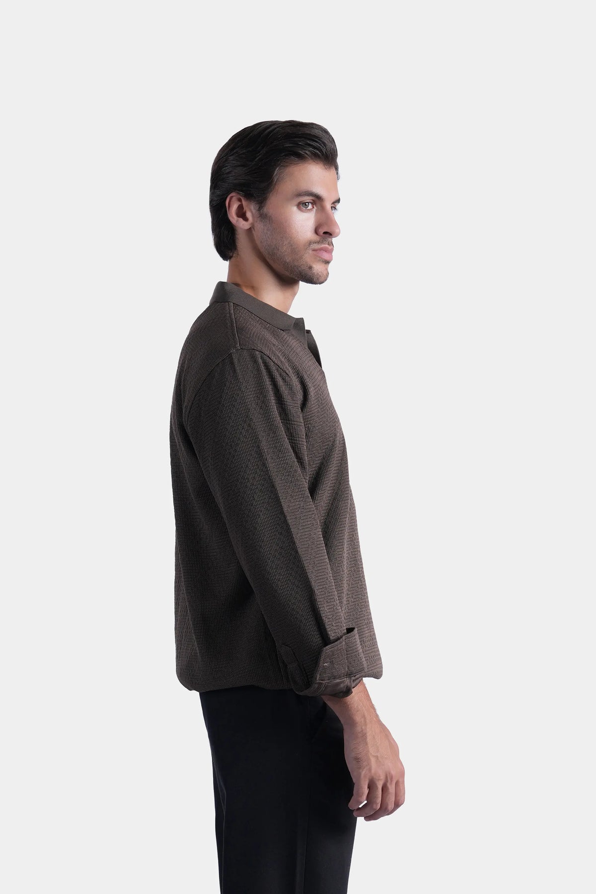 Long-sleeve self-textured polo shirt, dark brown, side view