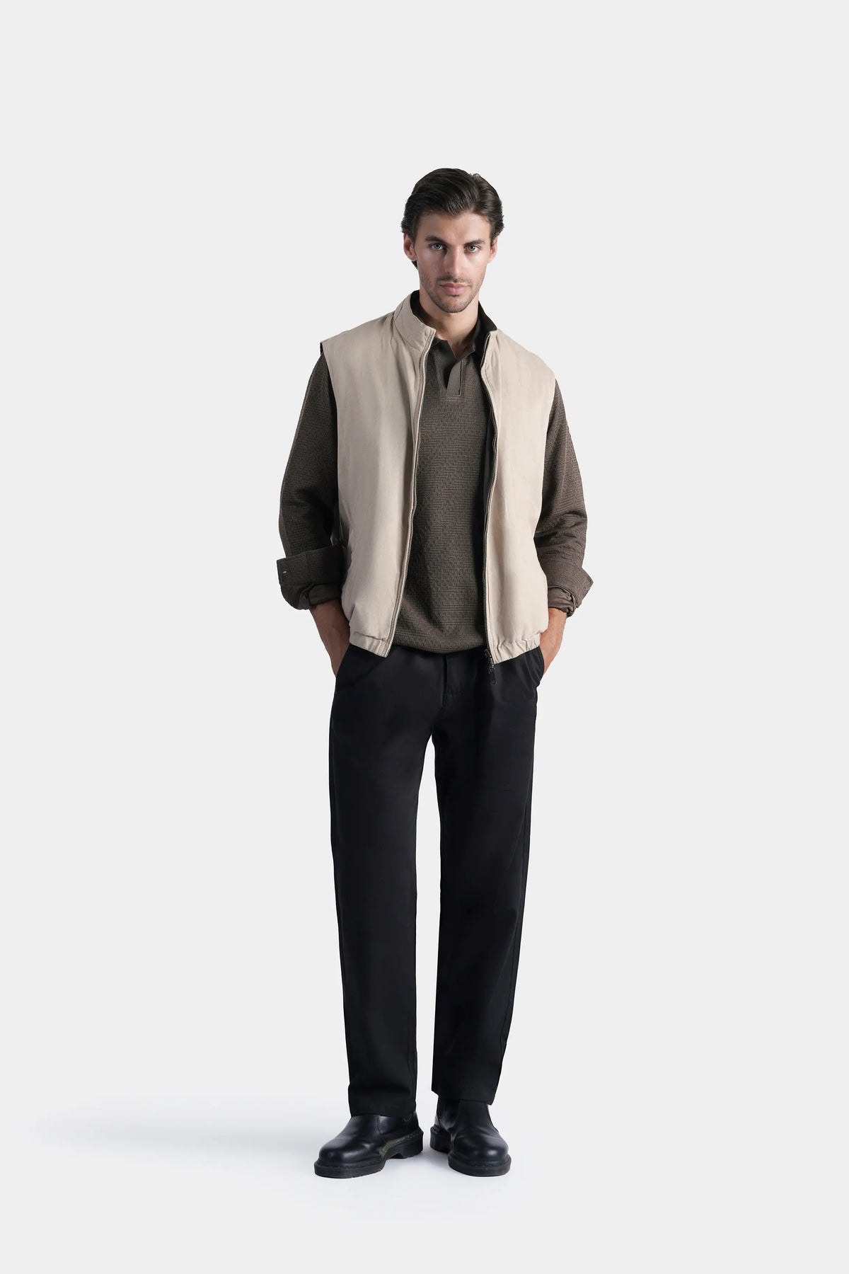 Reversible sleeveless jacket in khaki and olive with zip front
