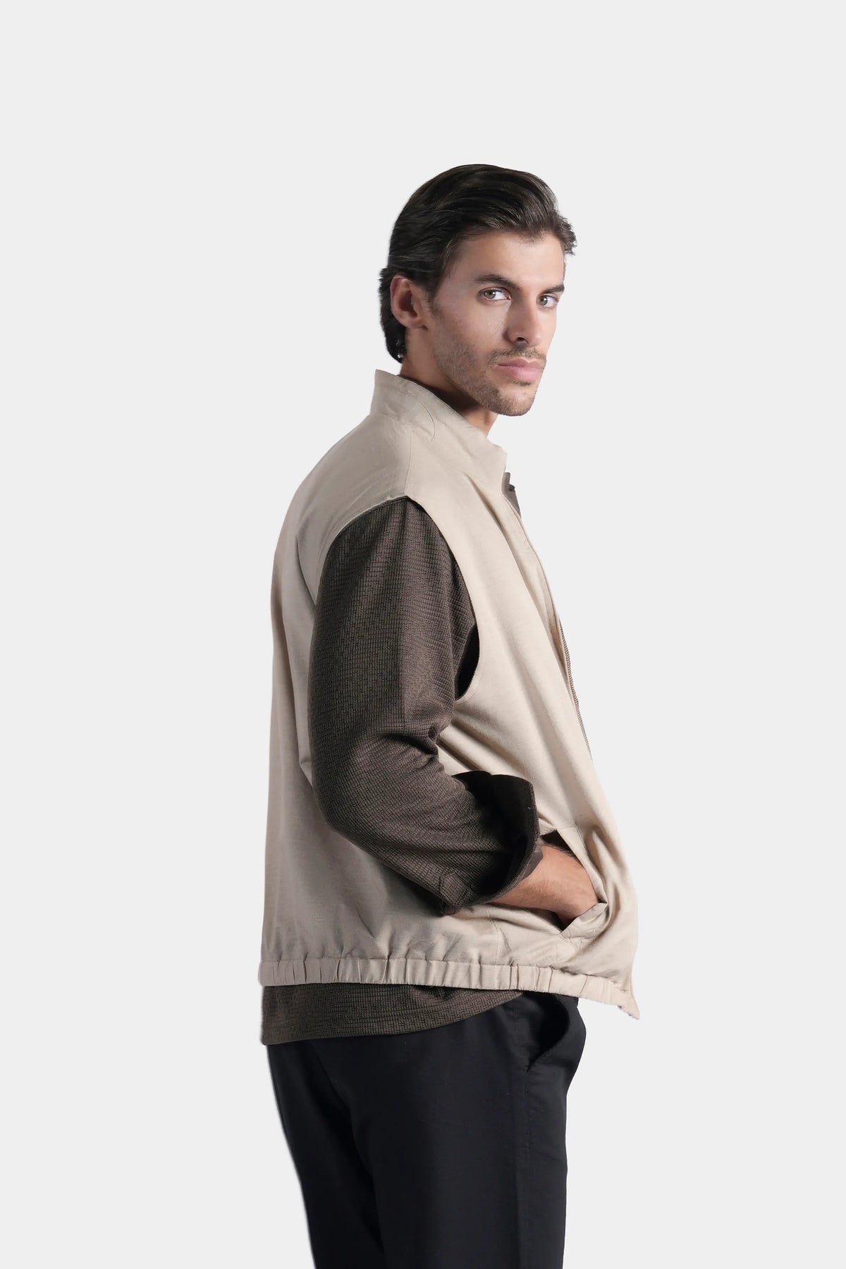 Reversible sleeveless jacket, khaki side with zip front and stand collar