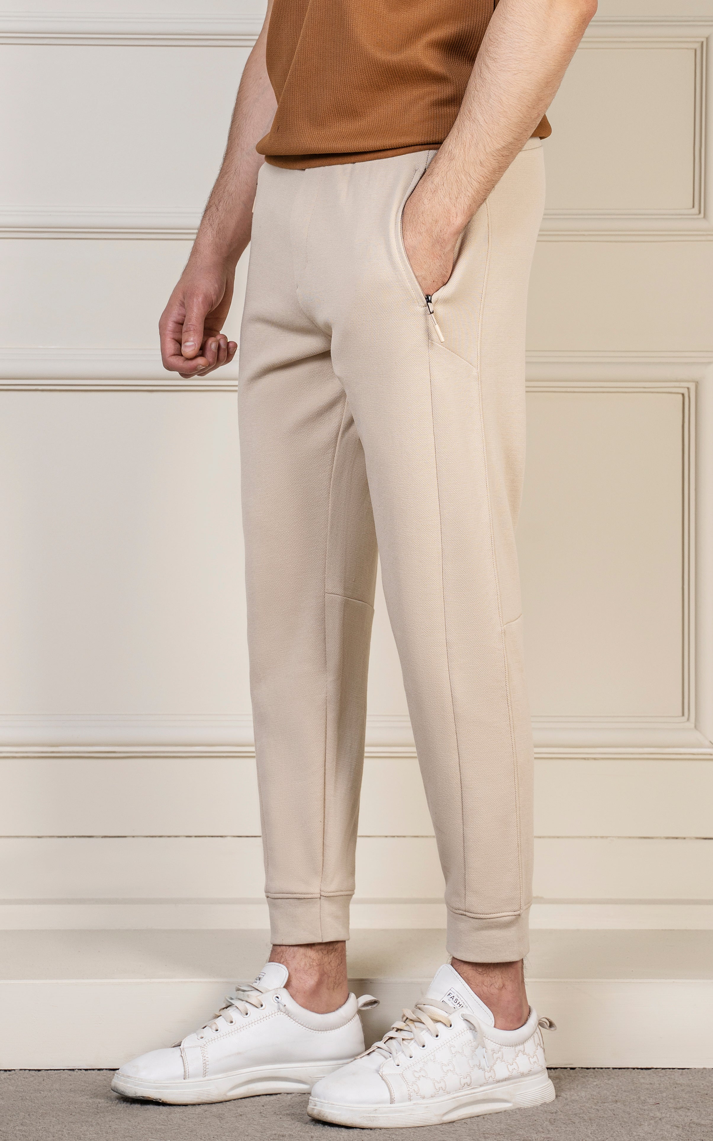 SLIM FIT PIQUE INTERLOCK JOGGER TROUSER BEIGE