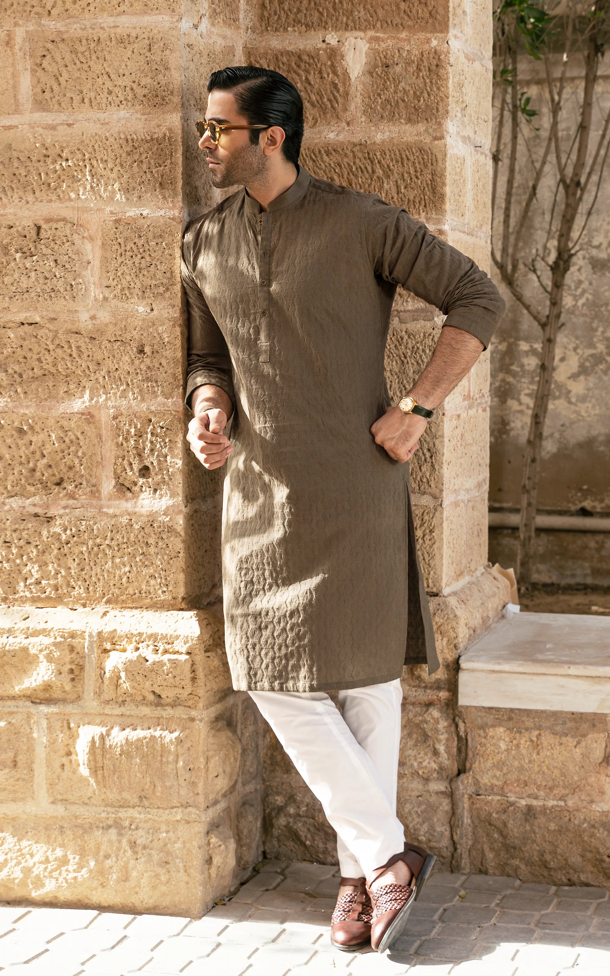 SCHIFFILI EMBROIDERED KURTA- SIGNATURE COLLECTION OLIVE
