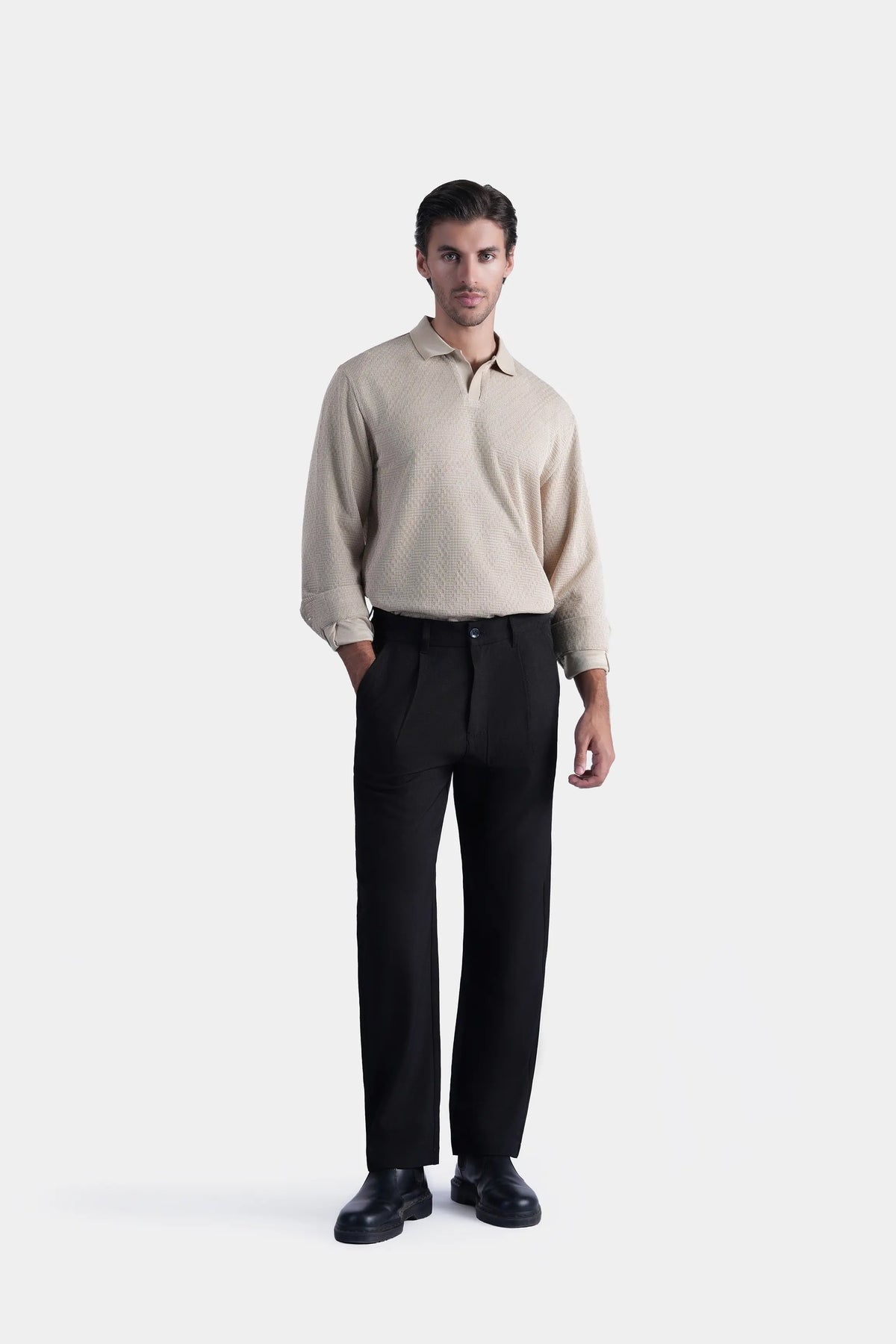 Khaki long-sleeve self-textured polo shirt on model, front view