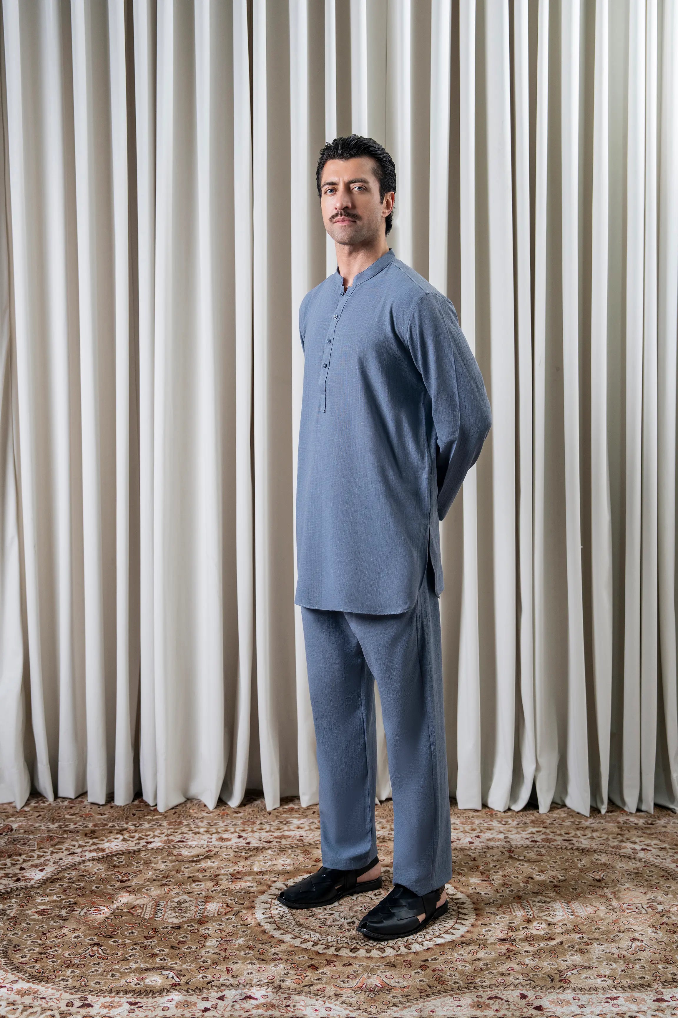 SELF TEXTURED KURTA PAJAMA - PREMIUM COLLECTION DENIM BLUE
