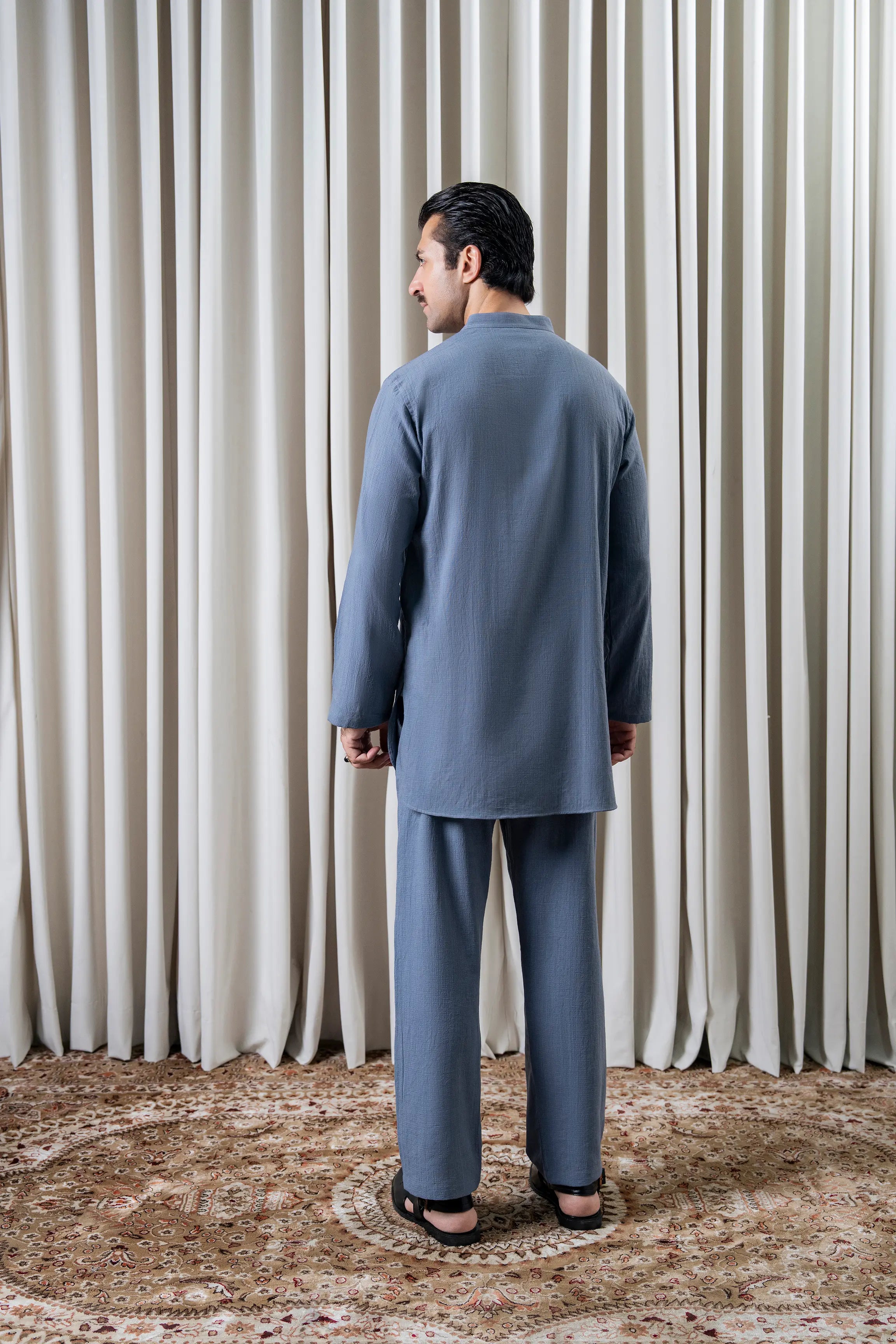 SELF TEXTURED KURTA PAJAMA - PREMIUM COLLECTION DENIM BLUE