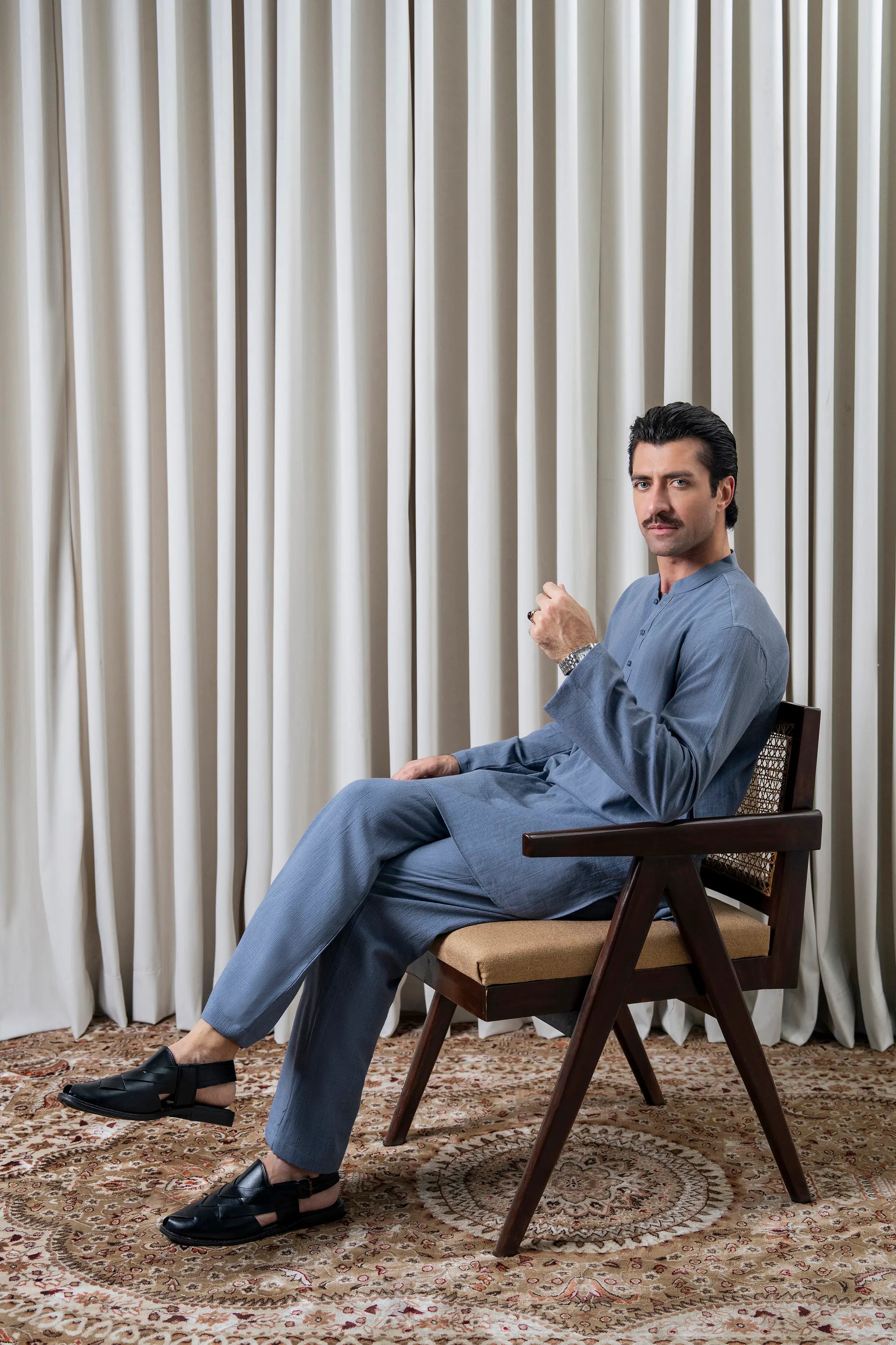 SELF TEXTURED KURTA PAJAMA - PREMIUM COLLECTION DENIM BLUE