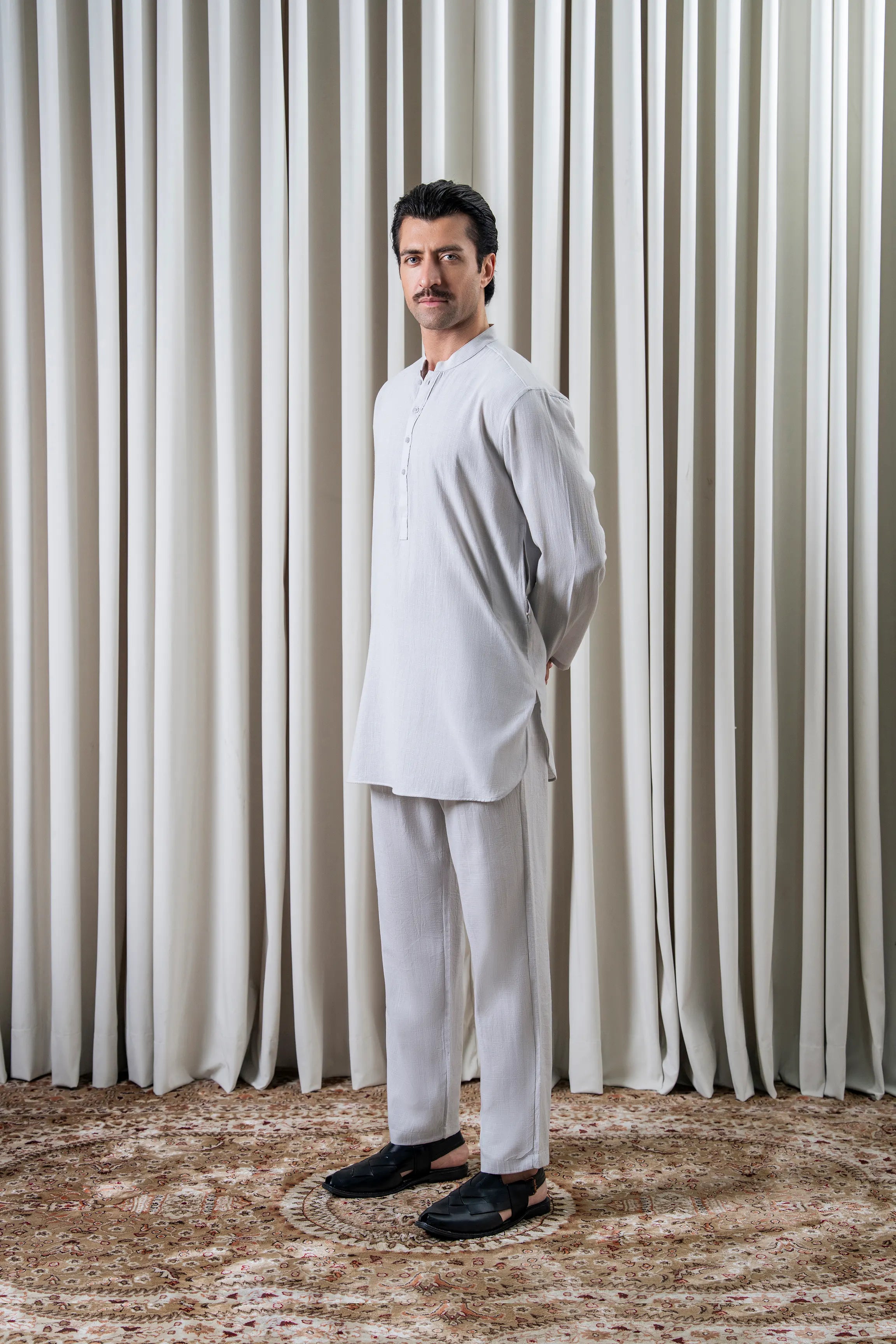 SELF TEXTURED KURTA PAJAMA - PREMIUM COLLECTION ASH WHITE