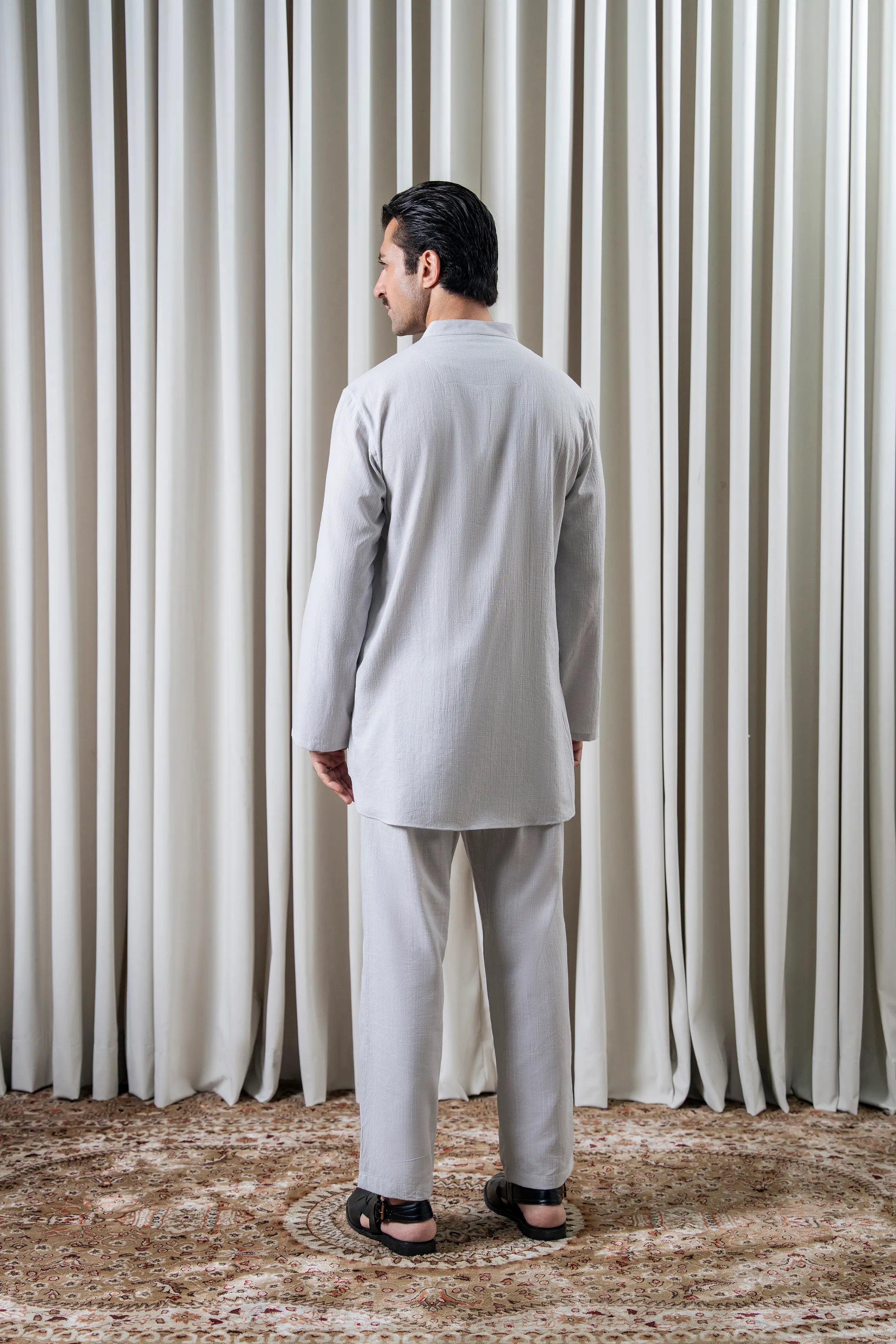 SELF TEXTURED KURTA PAJAMA - PREMIUM COLLECTION ASH WHITE