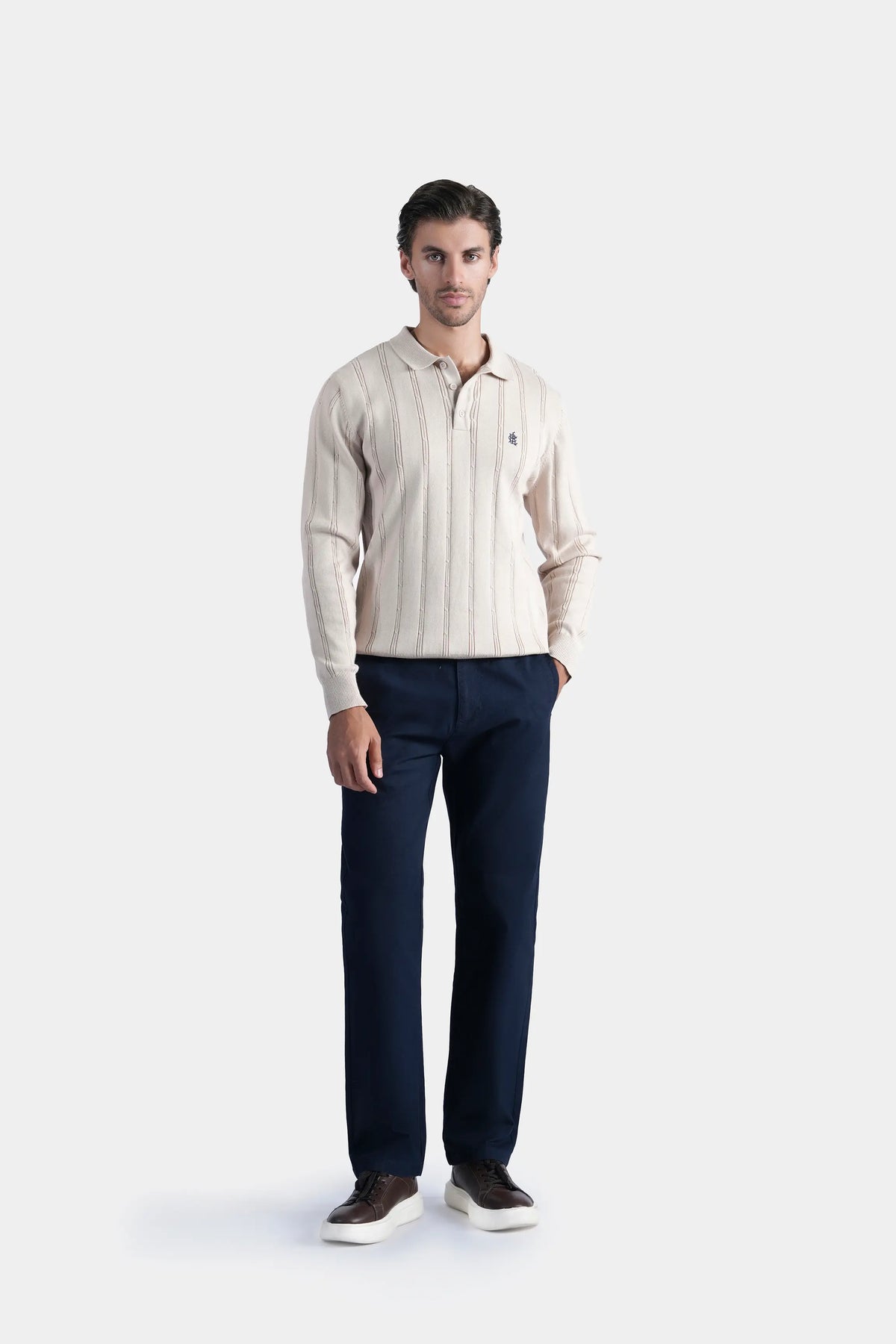 Beige regular-collar knit sweater with long sleeves and vertical ribbed stripes