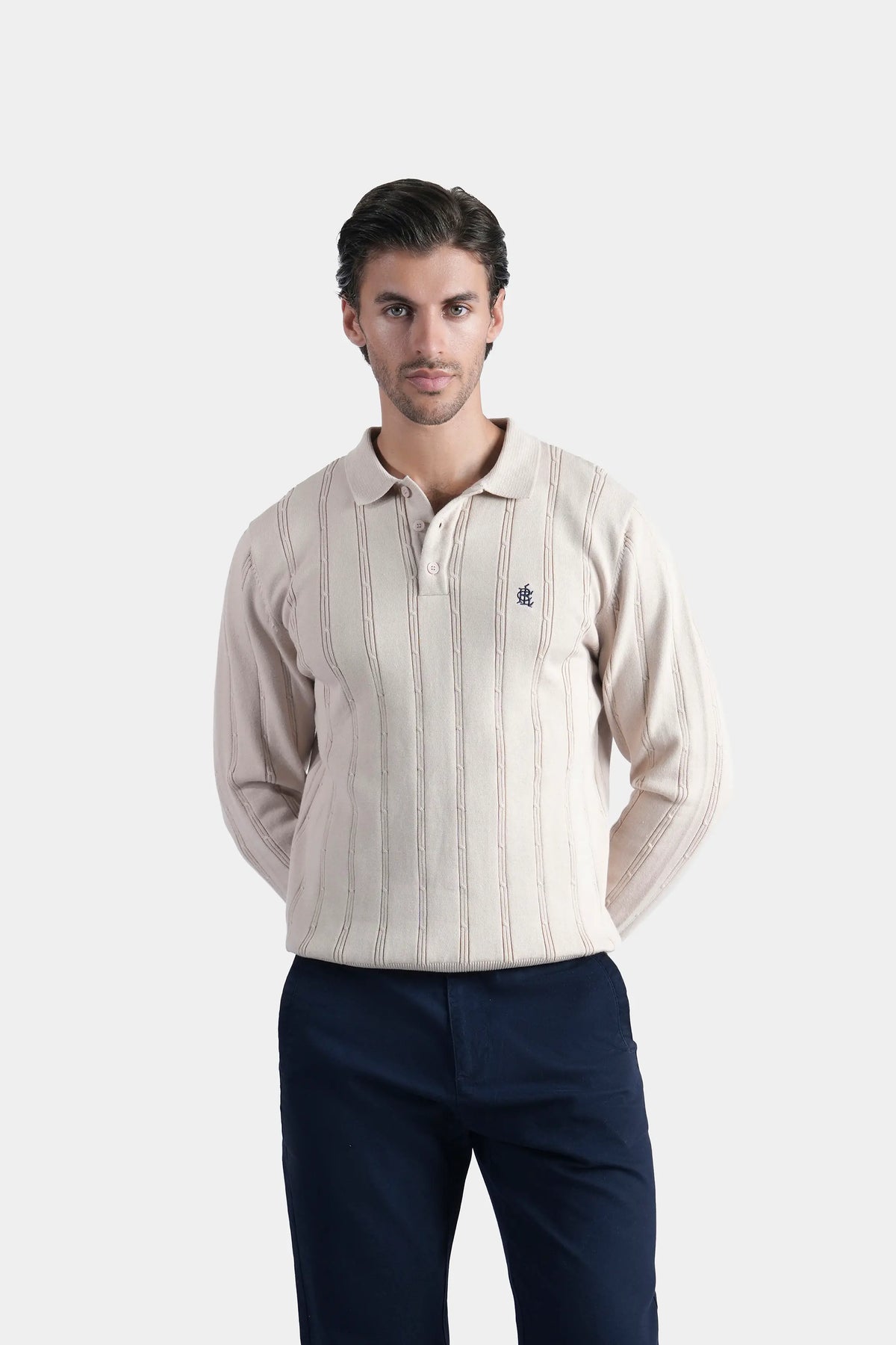 Beige regular-collar knit sweater with long sleeves and vertical ribbed stripes