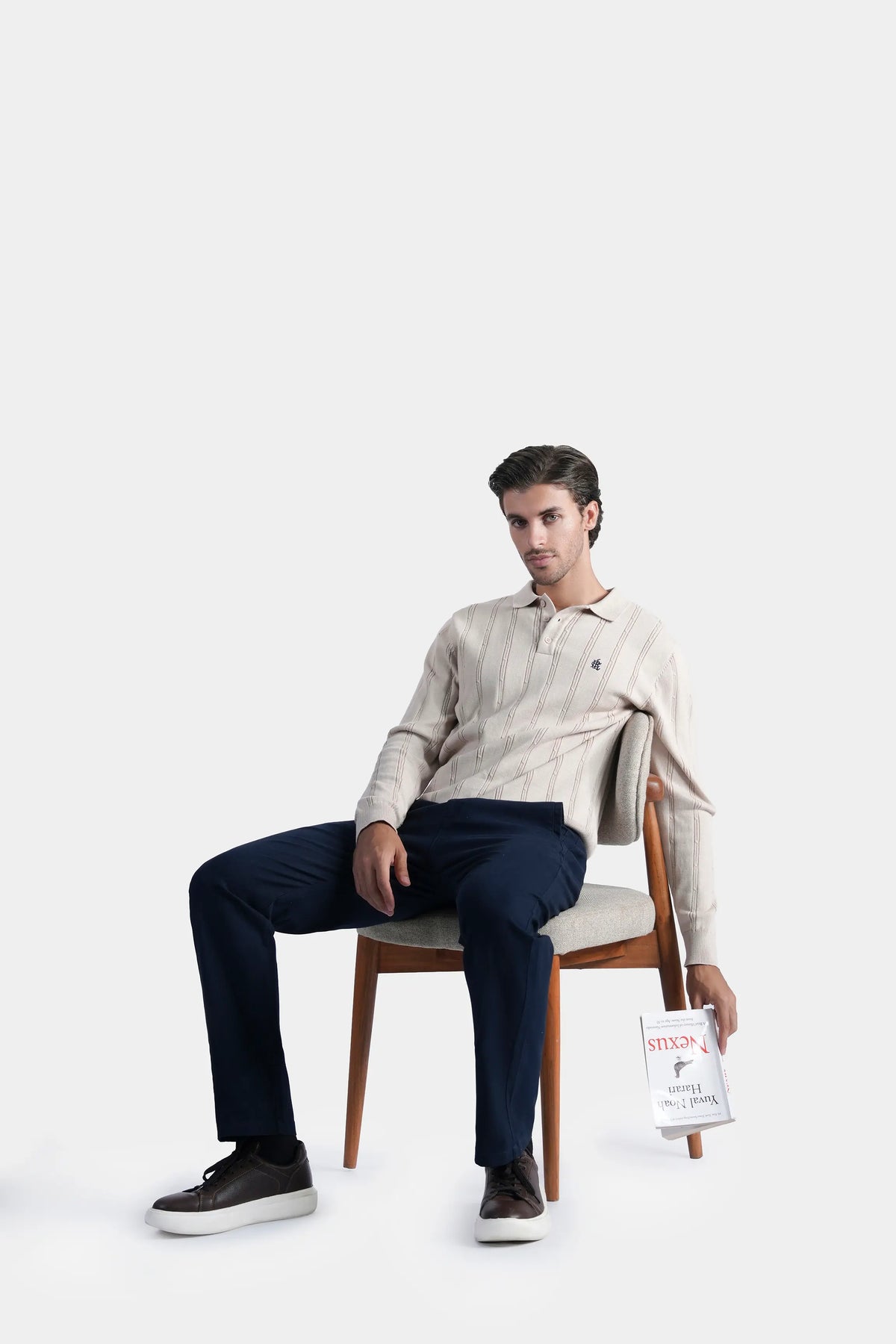 Beige regular-collar knit sweater with long sleeves and vertical ribbed front