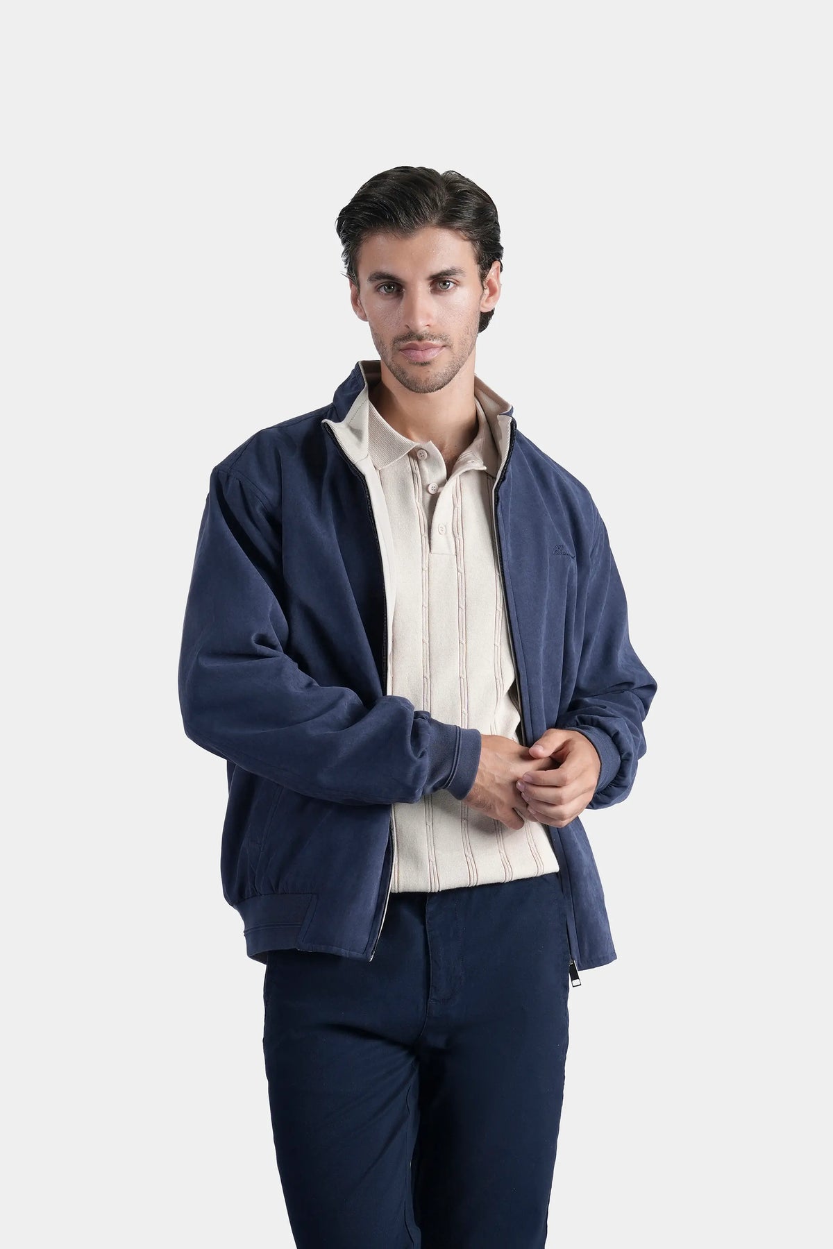 Reversible jacket in dark blue with beige lining, front zip, stand collar