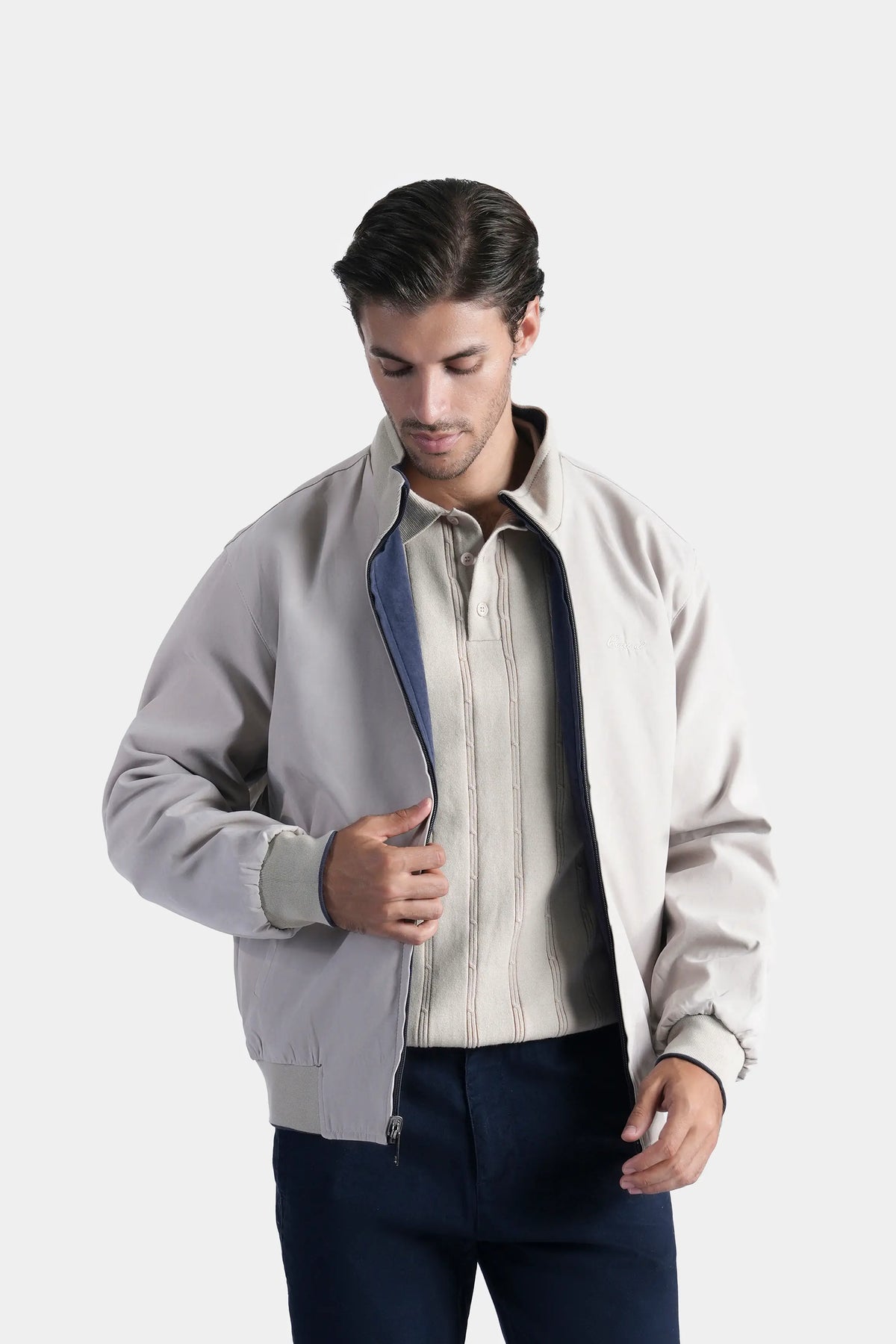 Reversible full-sleeve jacket, bluish grey with beige side, front zip, stand collar