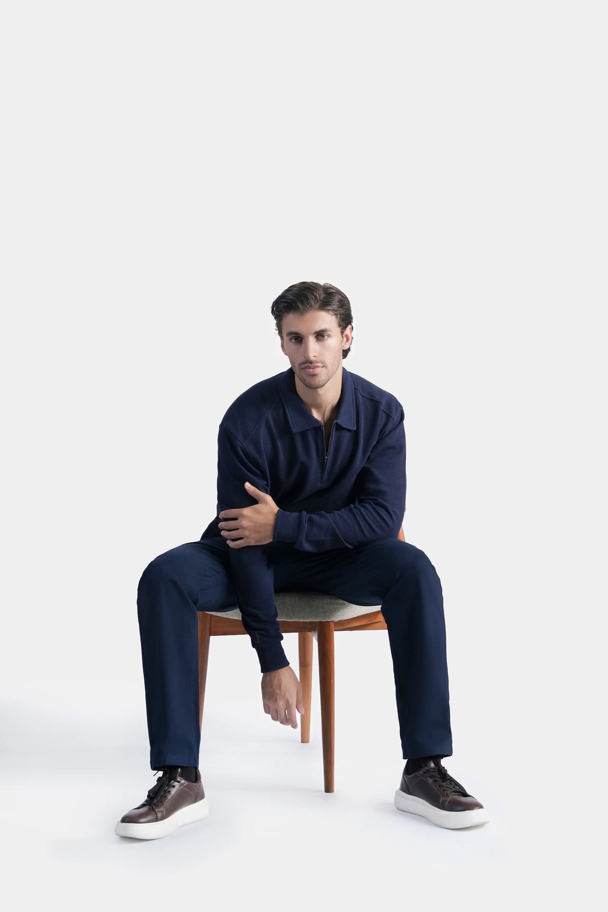 Navy full-sleeve zip polo shirt with collar, long sleeves