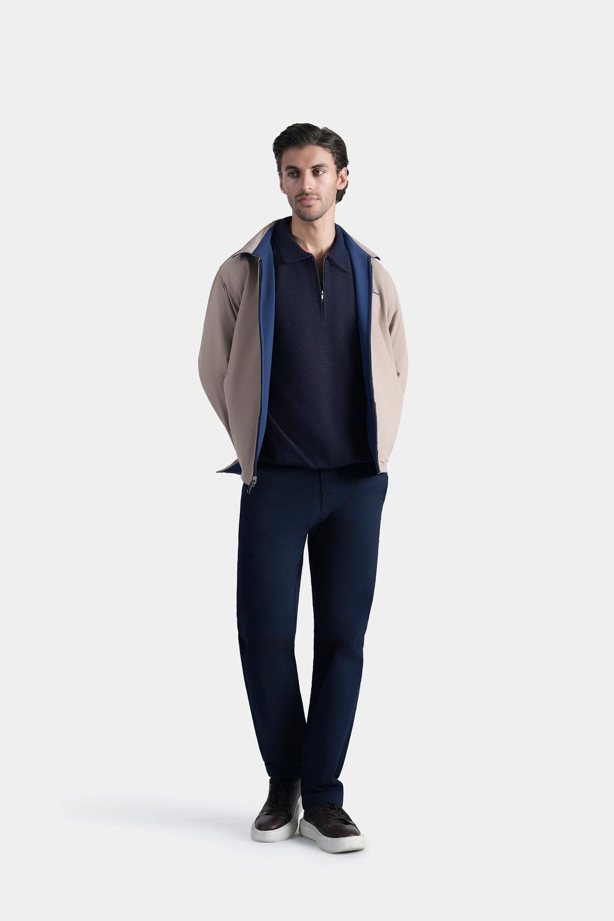 Reversible collar jacket, navy front with khaki interior, front view