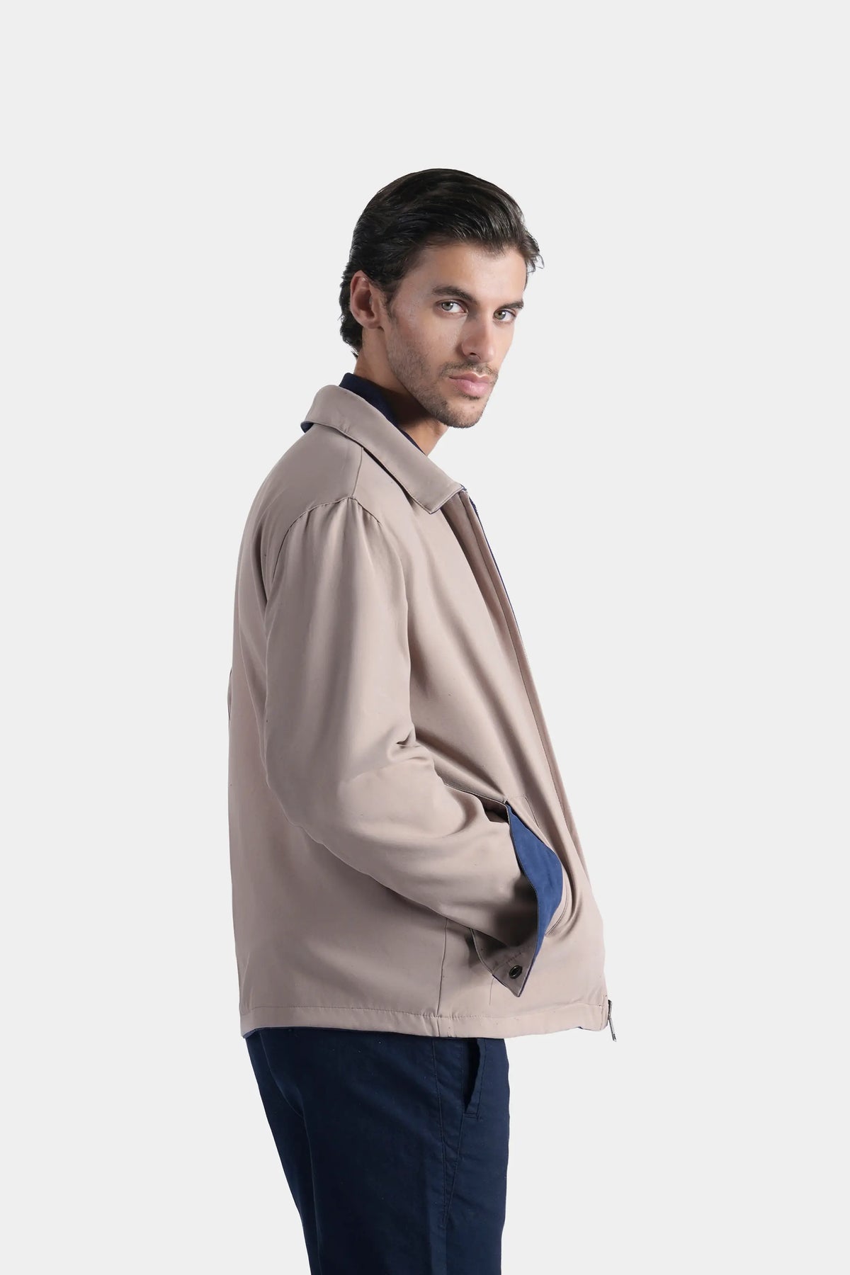 Reversible collar jacket, khaki outer, three-quarter side view