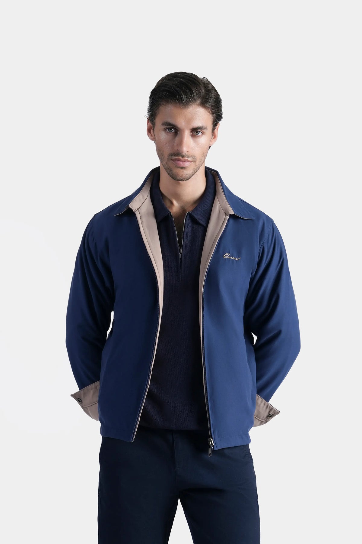 Reversible collar jacket, navy outer with khaki trim, front view