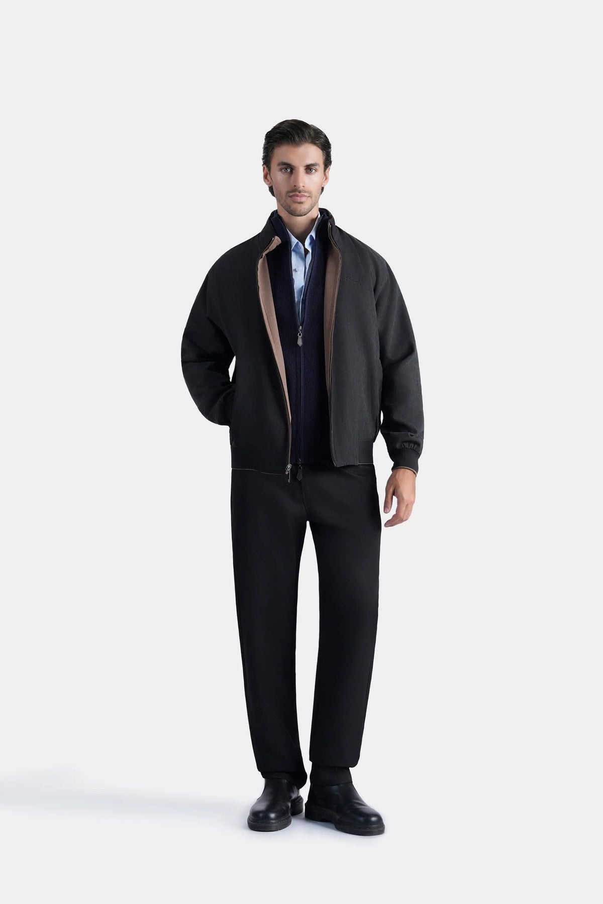 Charcoal reversible full-sleeve zip jacket with stand collar and zip front