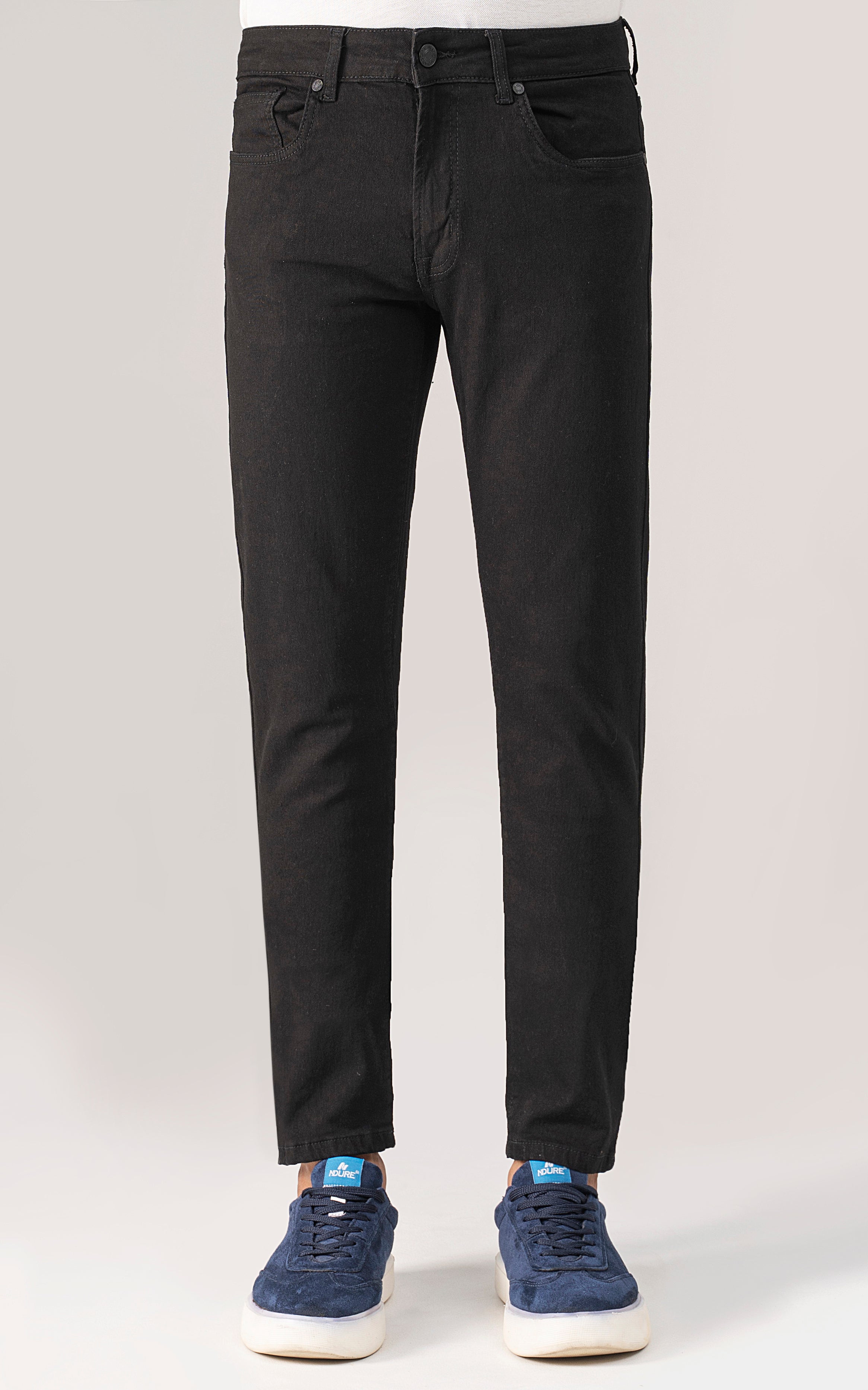 Black slim-fit jeans with front pockets, button waist, and belt loops