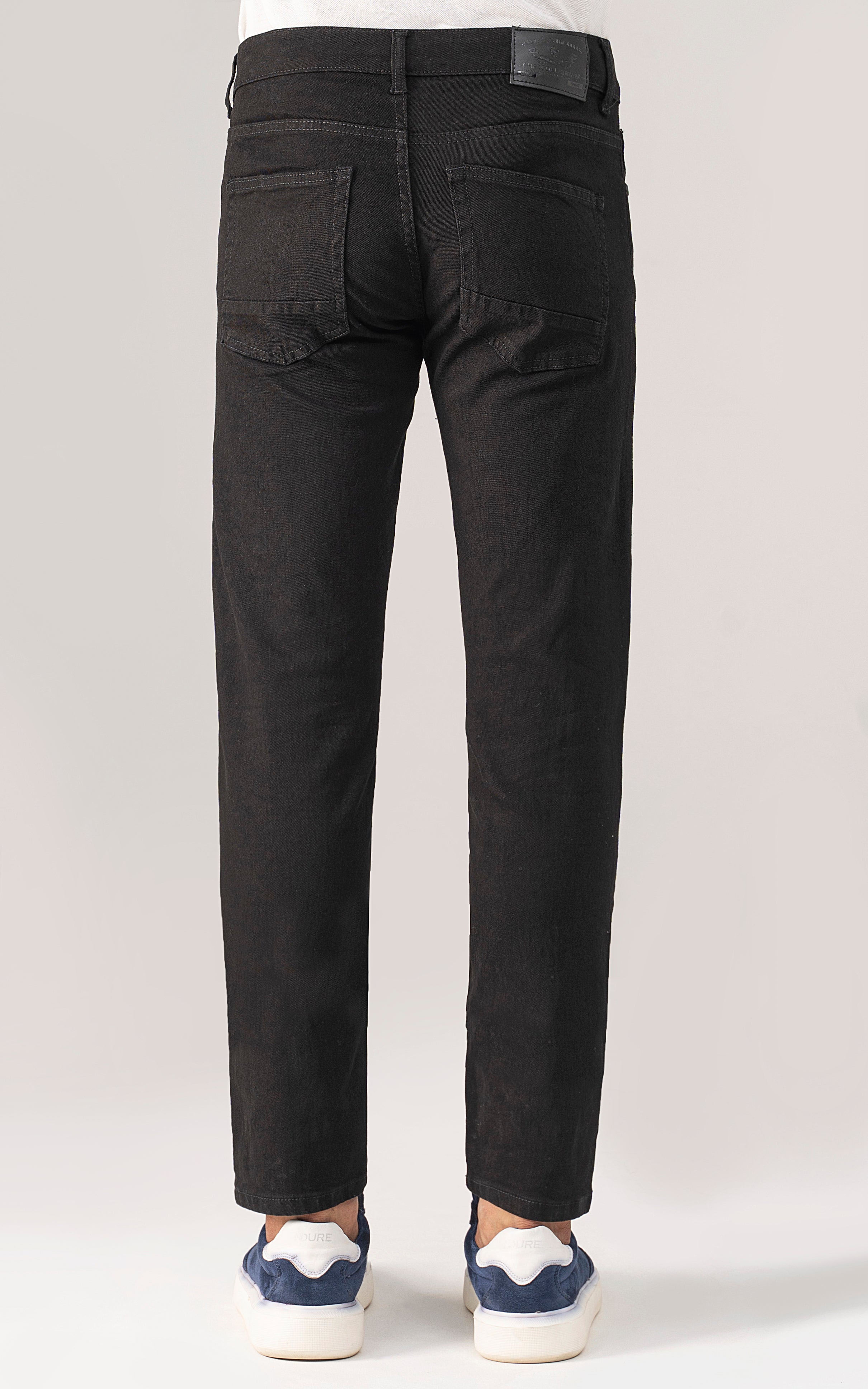 Slim-fit black jeans, back view with two rear pockets and belt loops