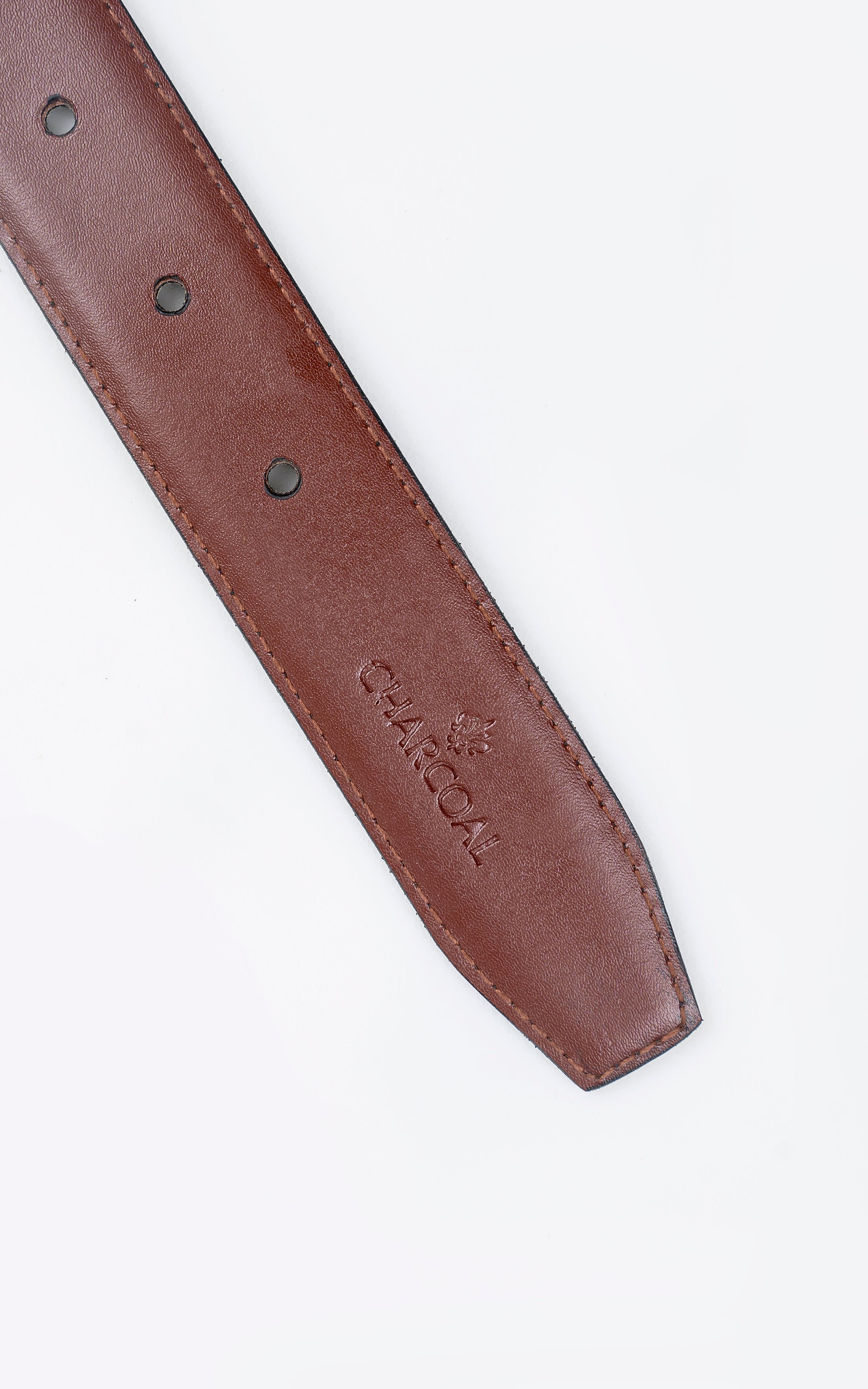 Brown leather belt strap with Coach embossing and punched hole pattern