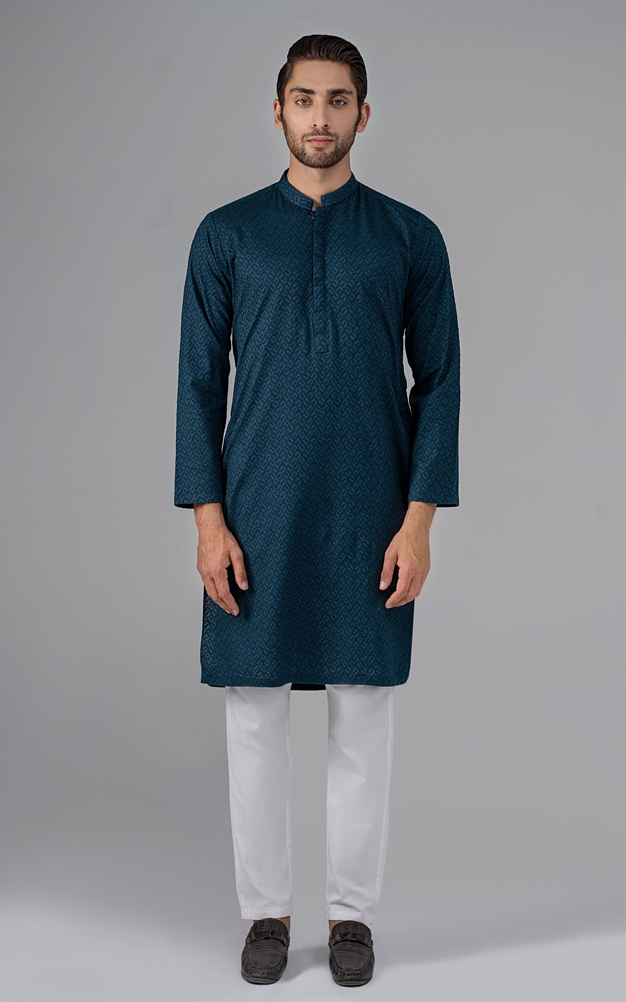 SCHIFFILI EMBROIDERED KURTA- SIGNATURE COLLECTION TEAL BLUE