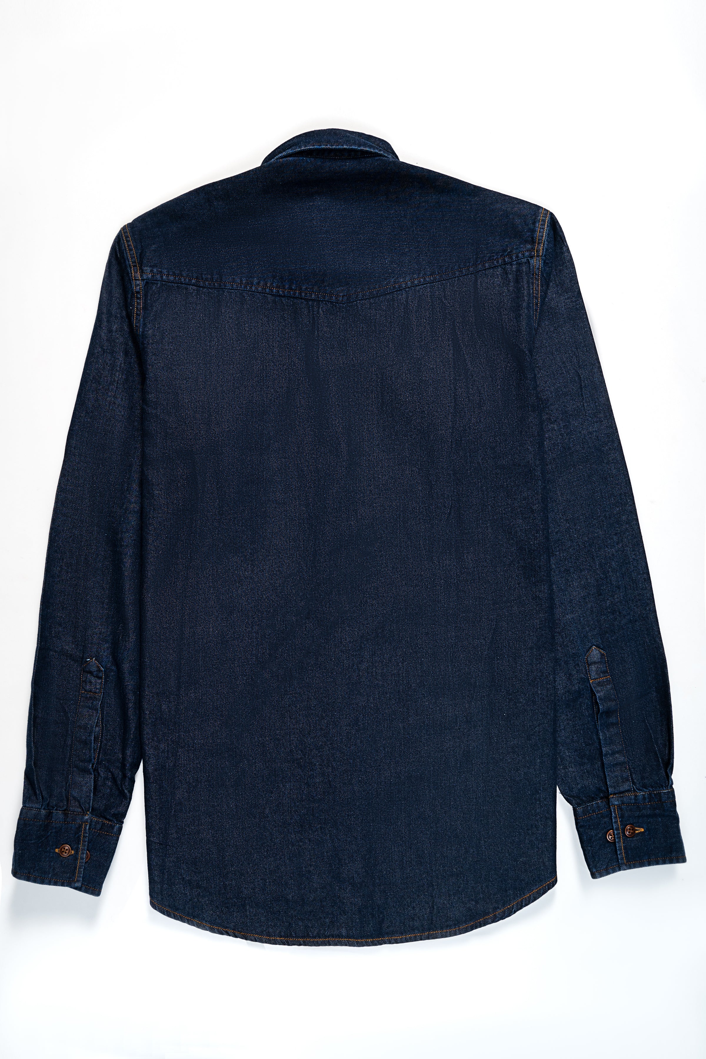 Blue-black denim button-up shirt back view with buttoned cuffs and yoke seam