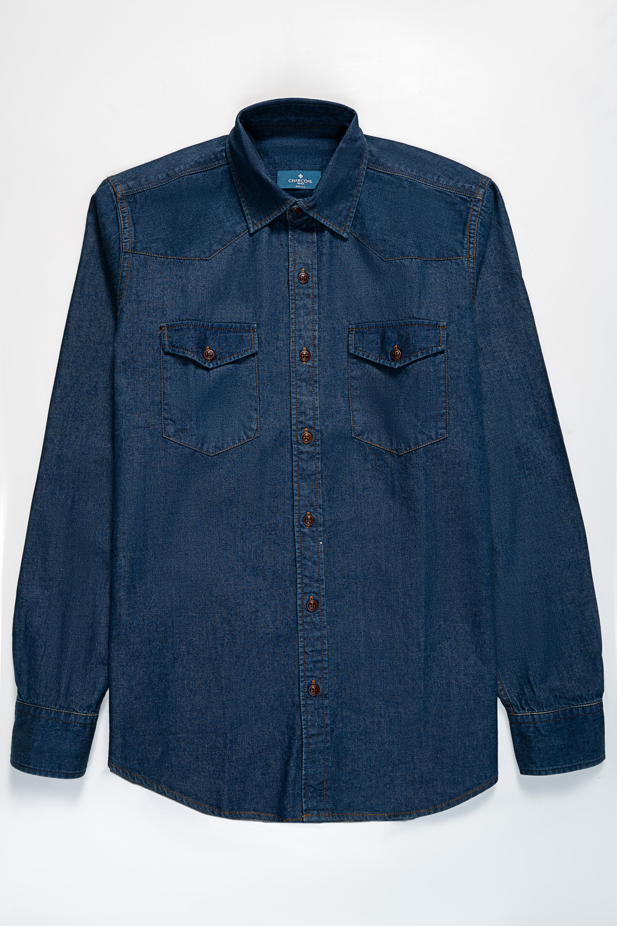 Blue denim button-up shirt with two chest pockets and long sleeves