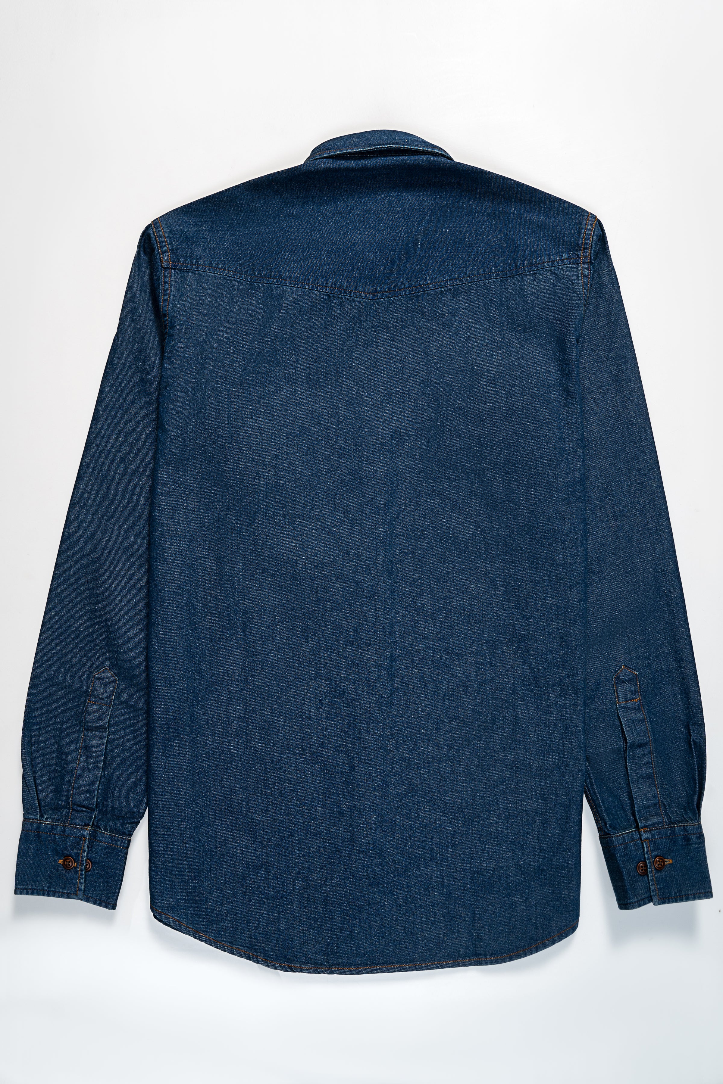 Blue denim button-up shirt with back yoke and long sleeves