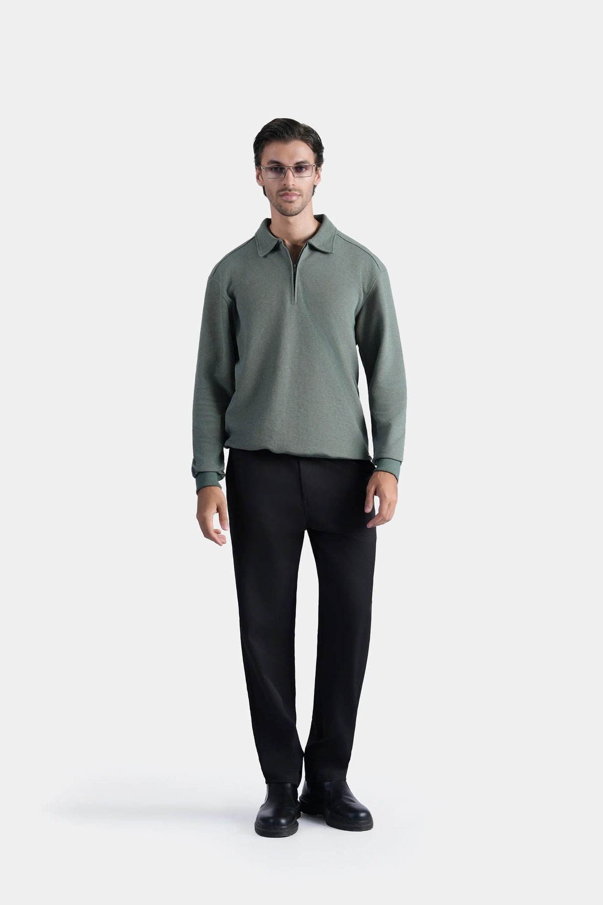 Smart Fit full-sleeve zip polo shirt, muted green with zip-up collar