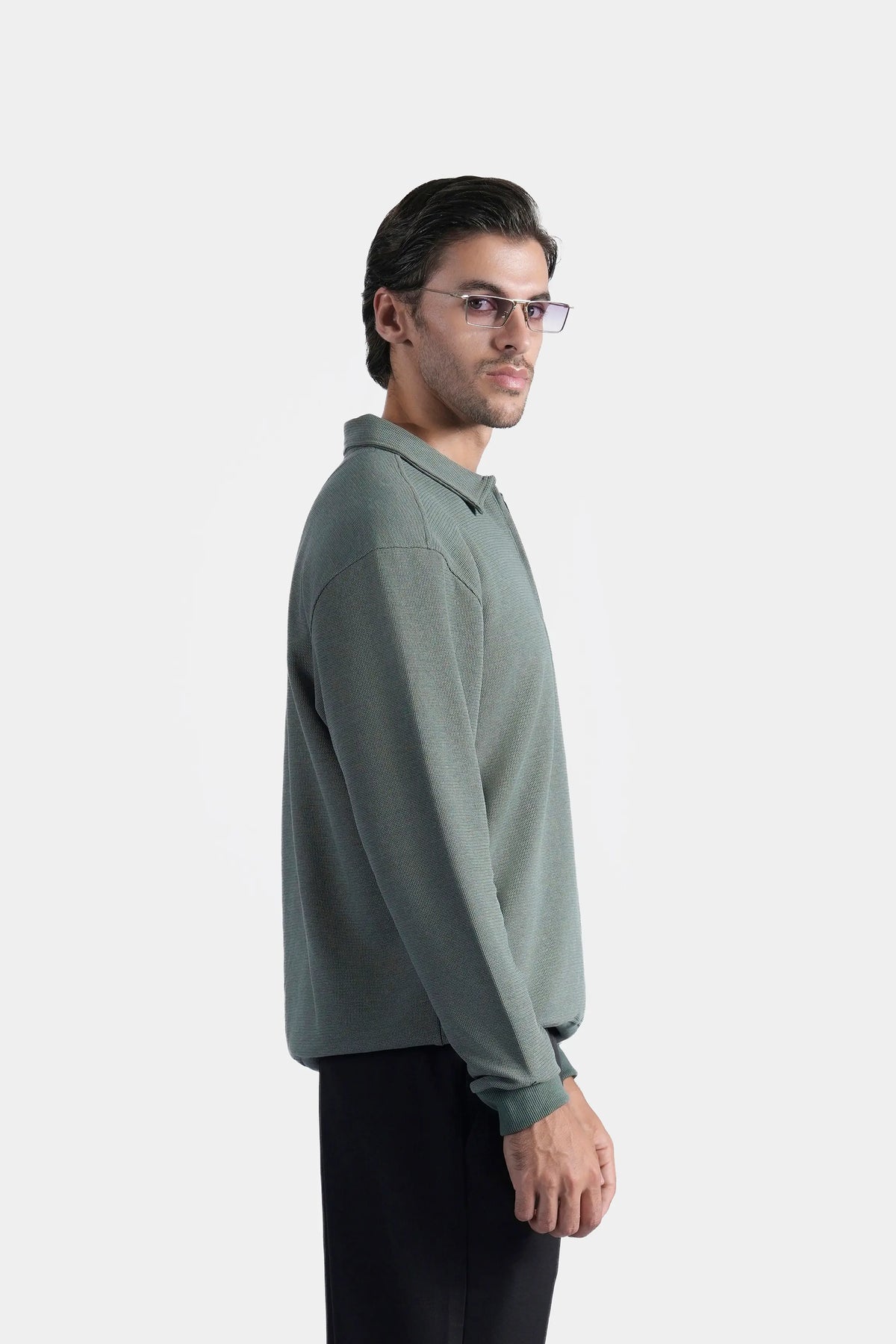 Smart Fit full-sleeve zip polo shirt, muted green side profile