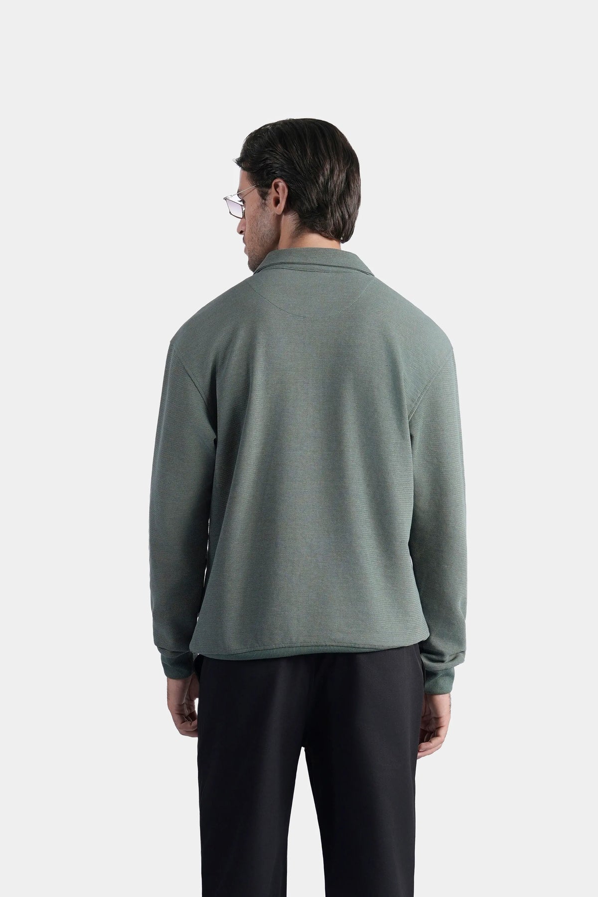 Smart Fit full-sleeve zip polo shirt, muted green back view