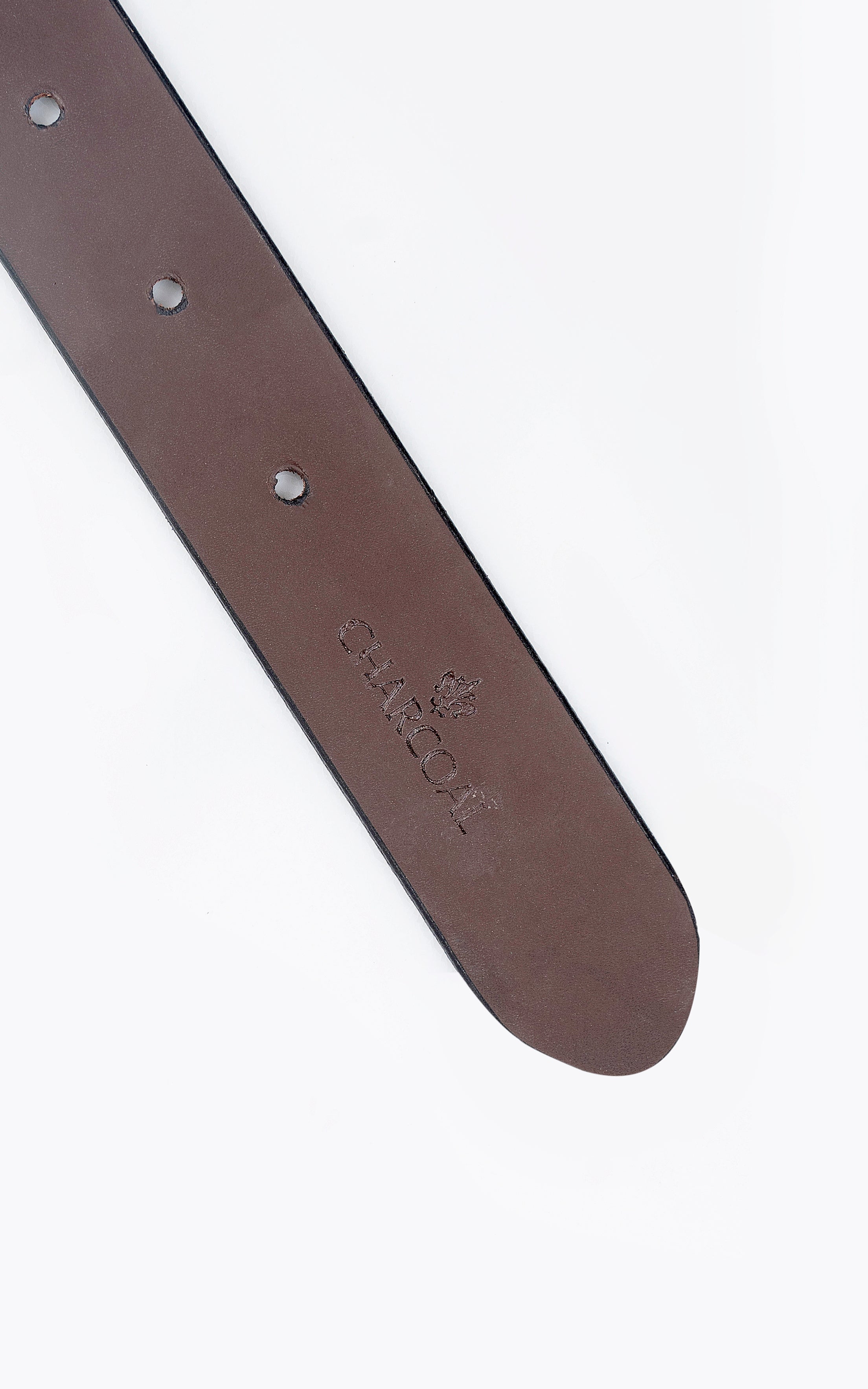 Reversible belt strap in dark brown with embossed text and punched holes